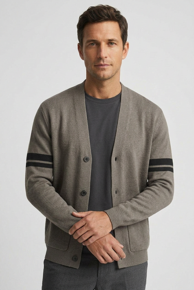 Men's Cardigan | V Neck with Striped Sleeves - 6
