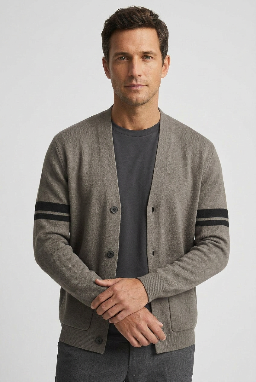 Men's Cardigan | V Neck with Striped Sleeves - 6