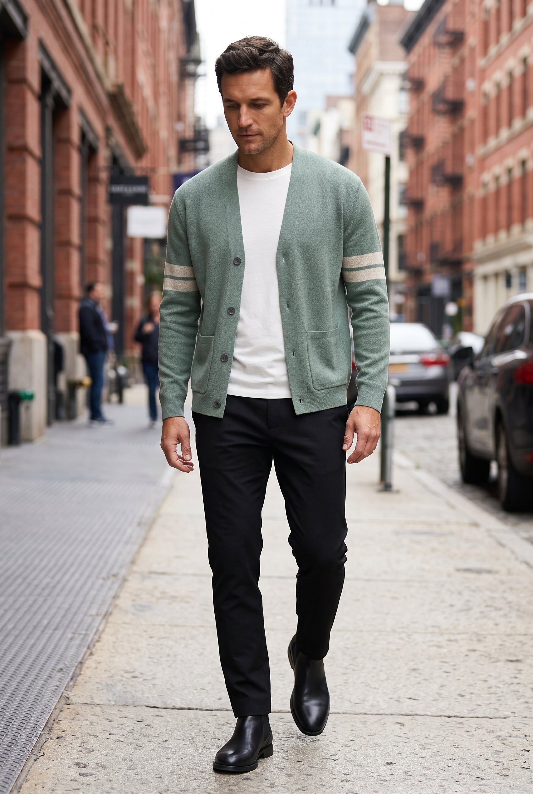 Men's Cardigan | V Neck with Striped Sleeves - Light Green lifestyle