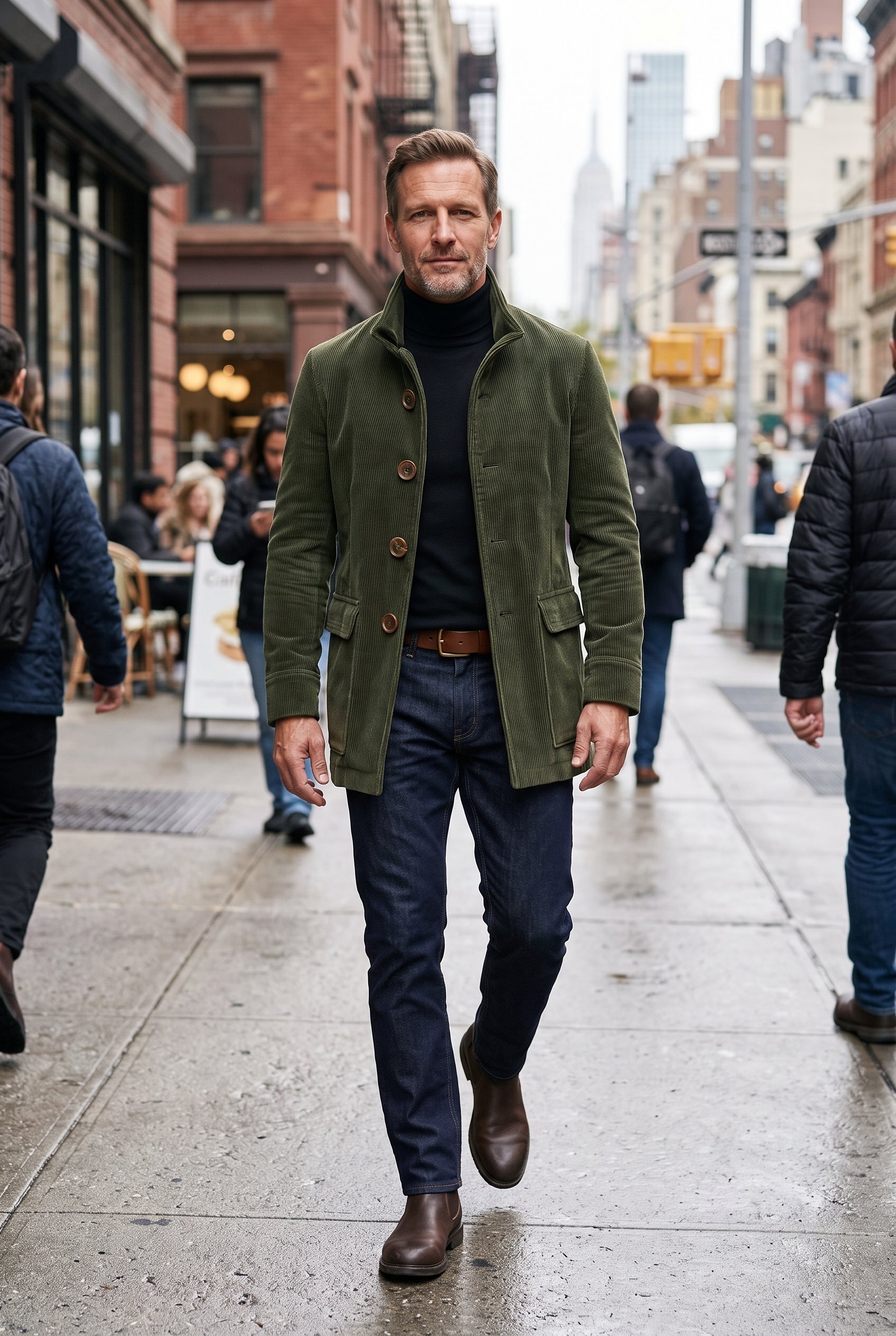 Men's Coat | Corduroy with Stand Collar - Army Green lifestyle