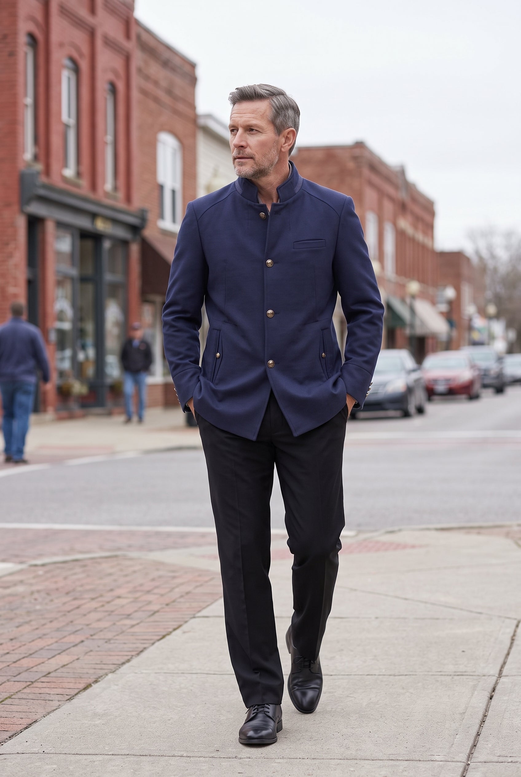 Men's Coat | Mandarin Collar Button Front - Navy Blue lifestyle