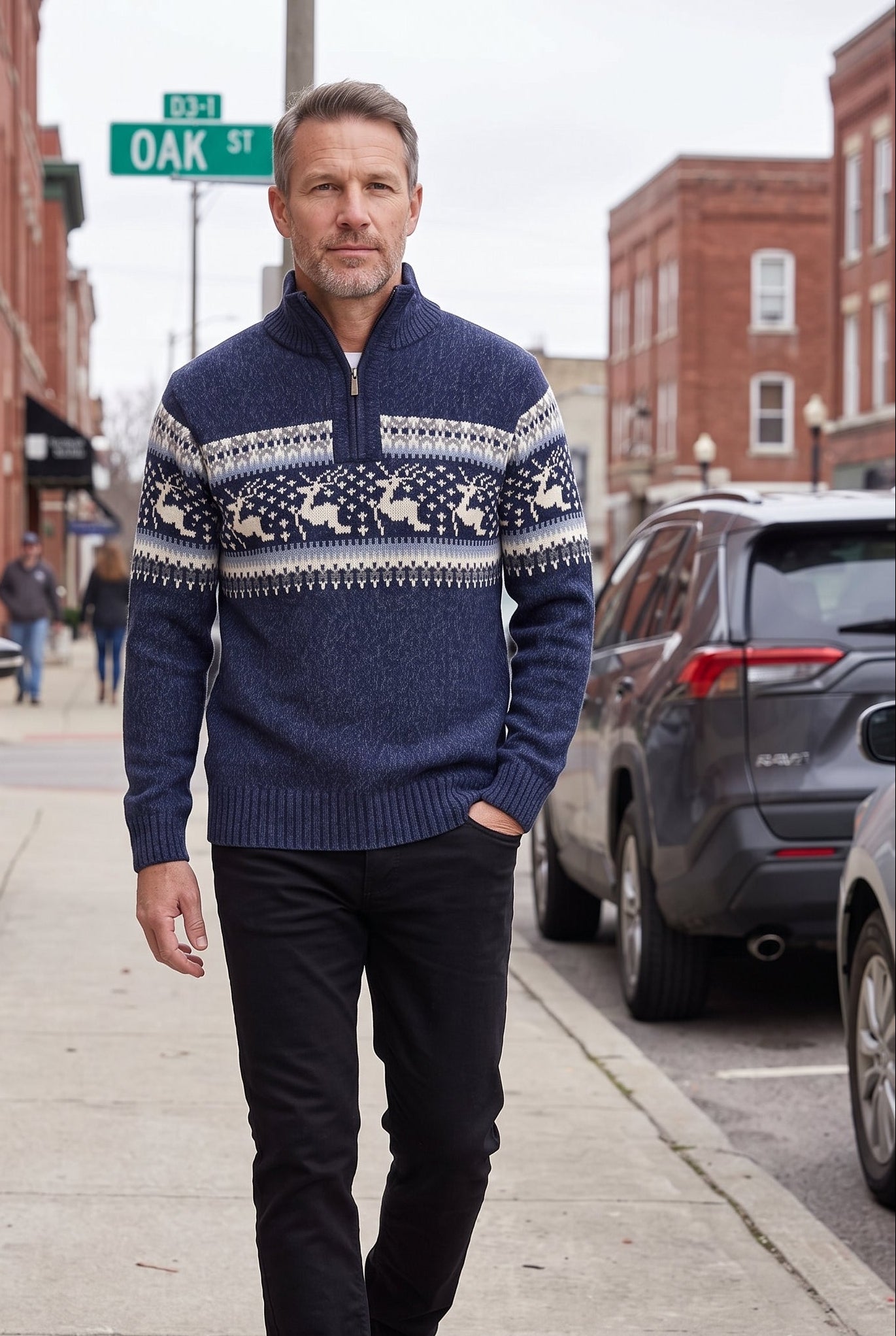 Men's Fair Isle Sweater | Quarter Zip Stand Collar - Navy lifestyle