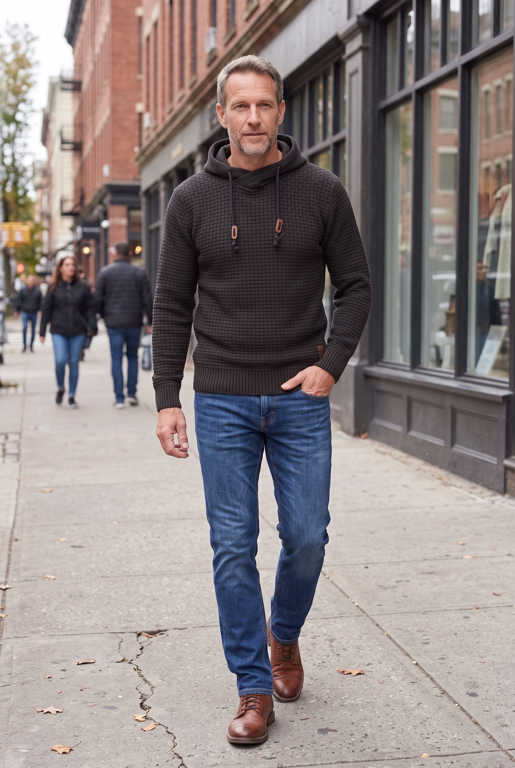 Men's Hoodie | Waffle Texture Crossover Hood - Black lifestyle