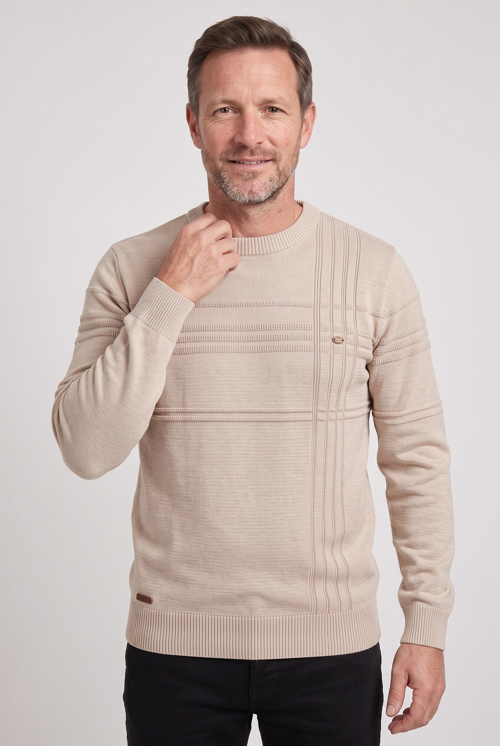 Men's Knit Sweater | Crew Neck Tonal Stripe Texture - 6
