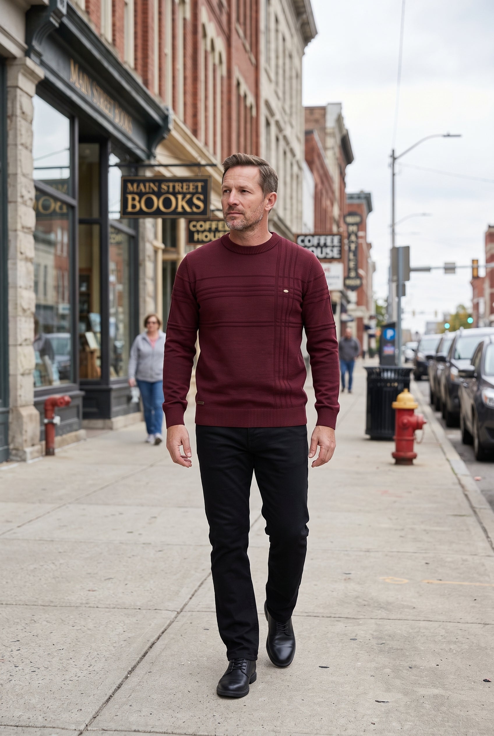 Men's Knit Sweater | Crew Neck Tonal Stripe Texture - Burgundy lifestyle
