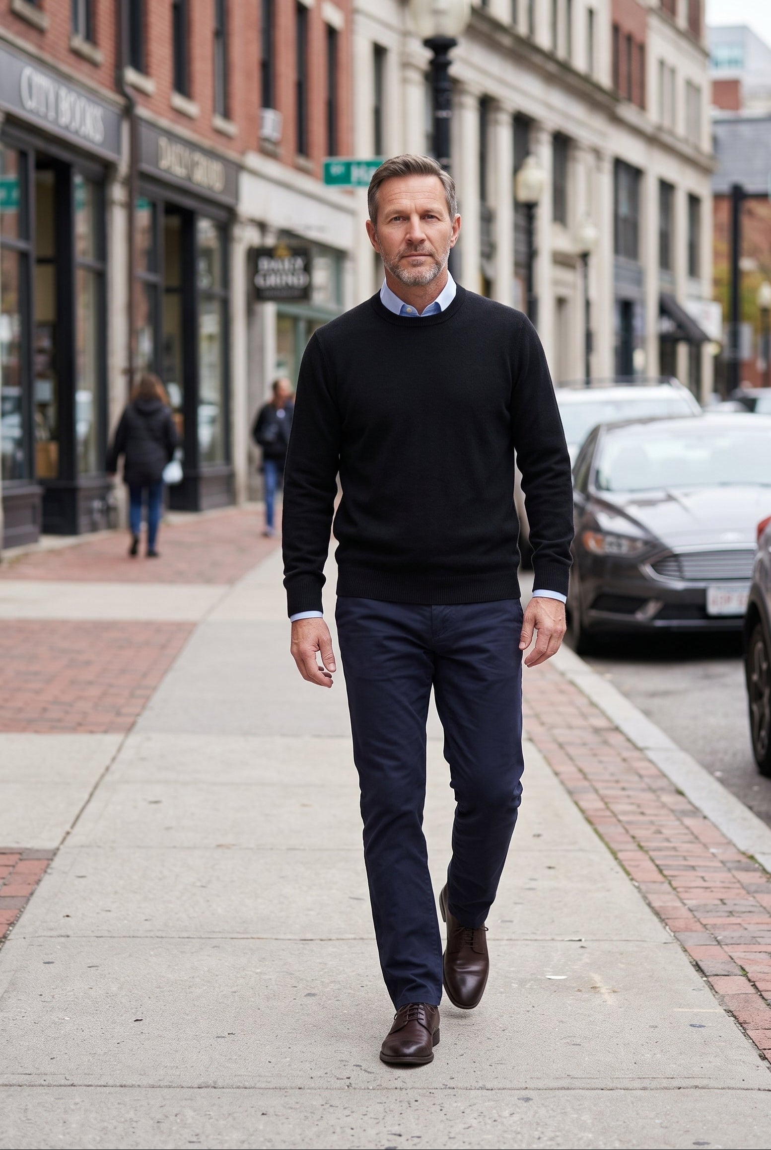 Men's Knit Sweater | Fine Gauge Crew or V Neck - Black - Round Neck lifestyle