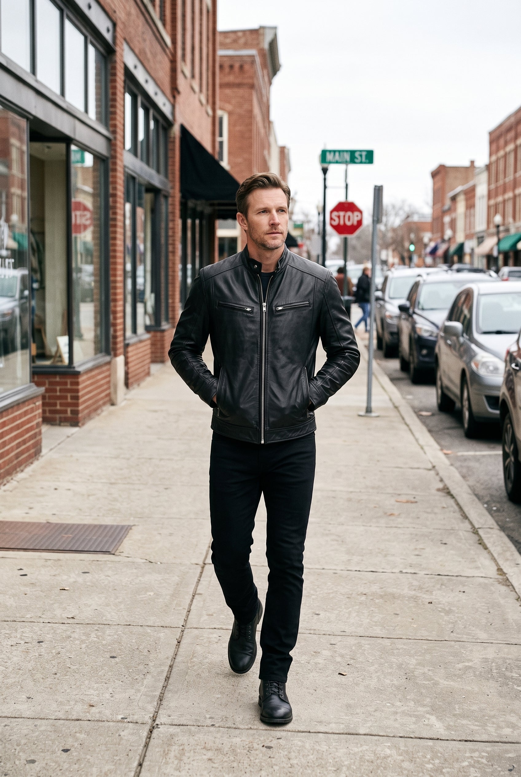 Men's Leather-Look Jacket | Quilted Shoulder Panels - Black lifestyle