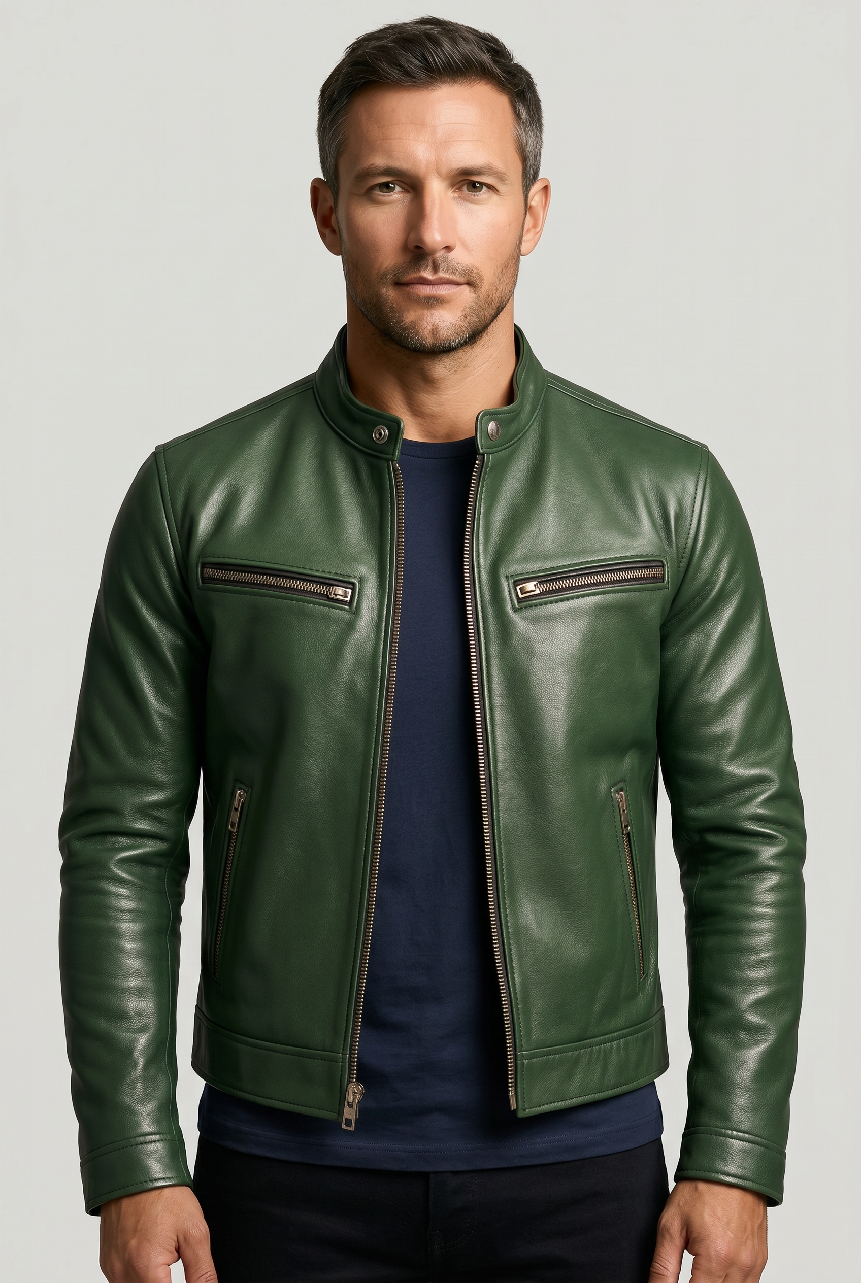 Men's Leather Jacket | Band Collar Four Zip Pockets - 1