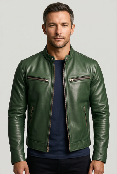 Men's Leather Jacket | Band Collar Four Zip Pockets - 1