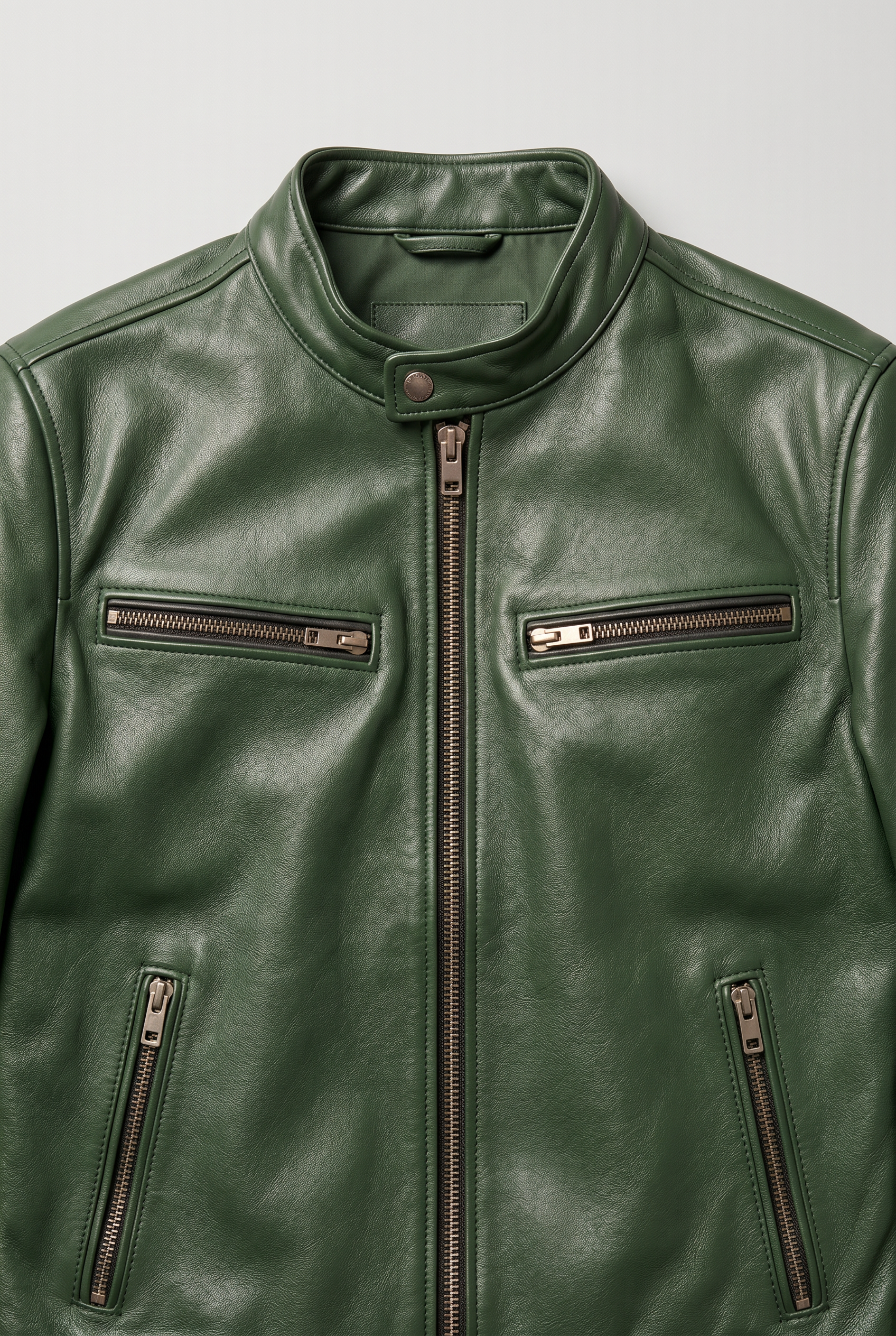 Men's Leather Jacket | Band Collar Four Zip Pockets - 3