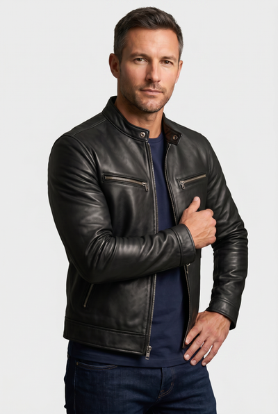 Men's Leather Jacket | Band Collar Four Zip Pockets - 5