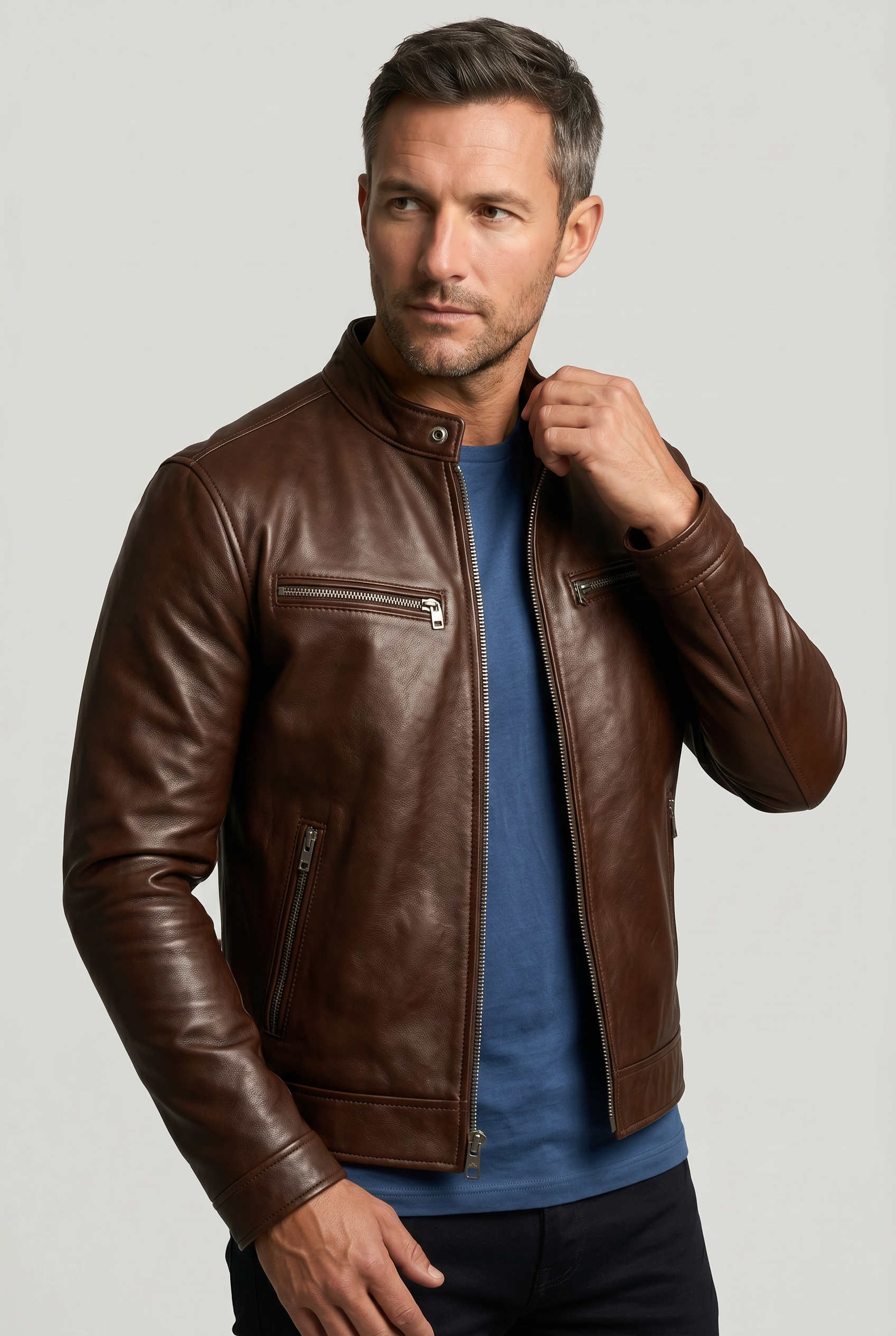 Men's Leather Jacket | Band Collar Four Zip Pockets - 6
