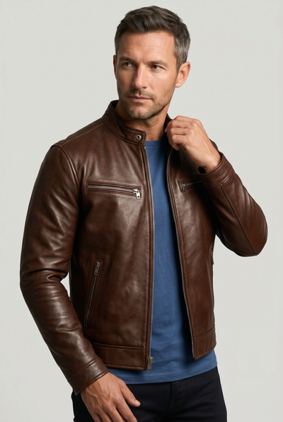 Men's Leather Jacket | Band Collar Four Zip Pockets - 6