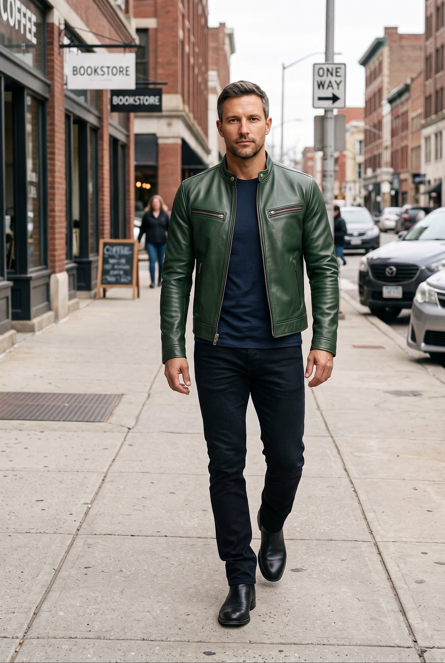 Men's Leather Jacket | Band Collar Four Zip Pockets - Green lifestyle