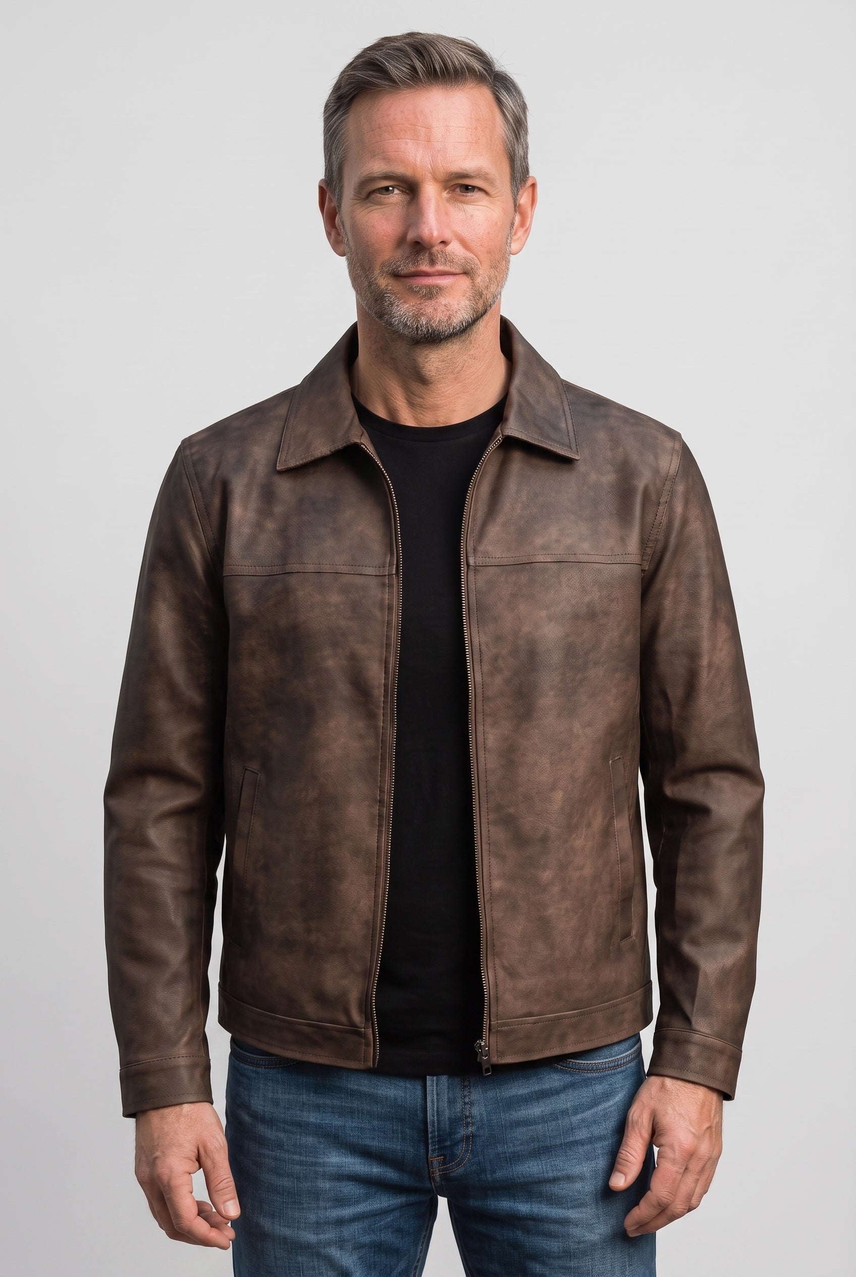 Men's Leather Jacket | Shirt Collar Zip Front - 1