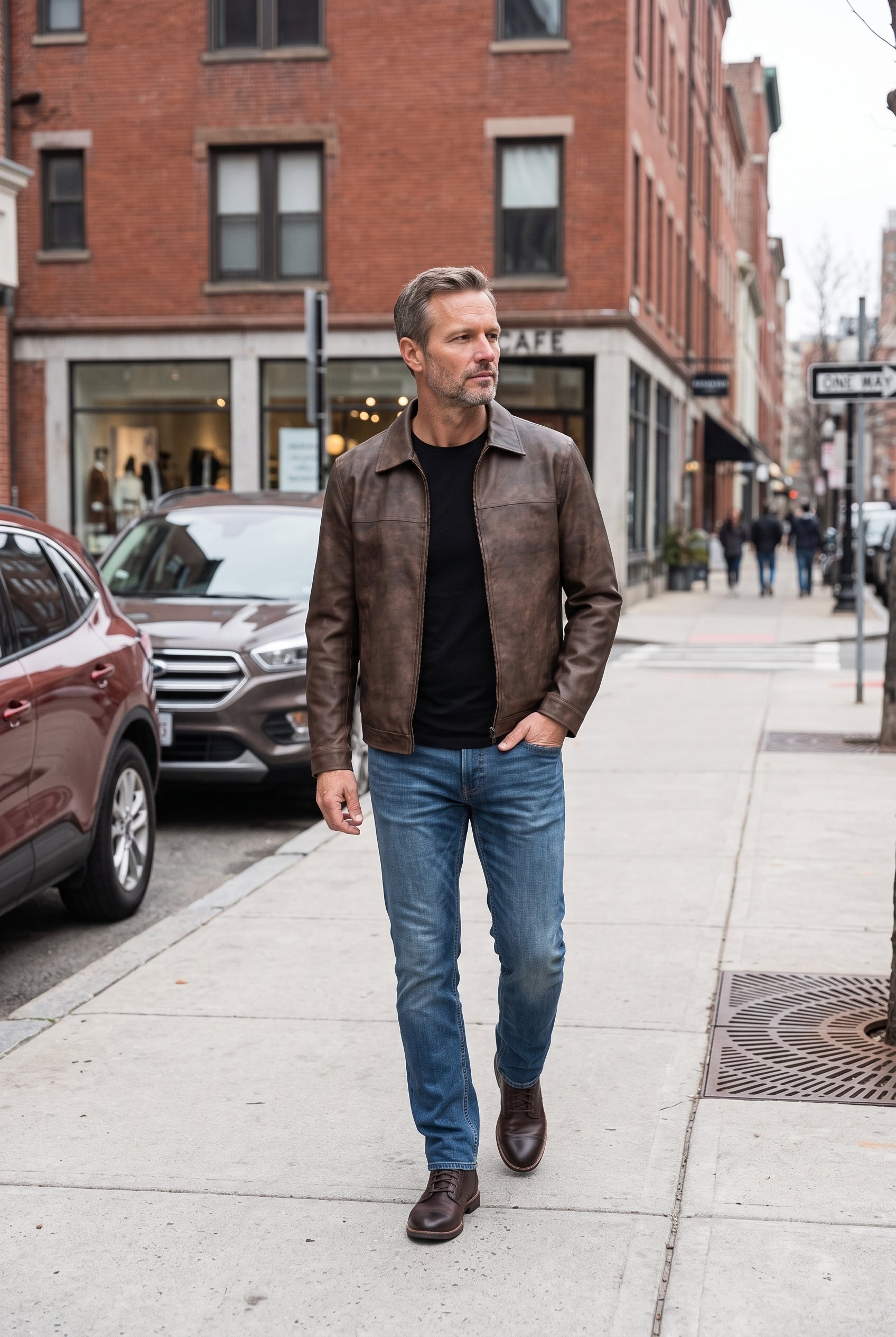 Men's Leather Jacket | Shirt Collar Zip Front - Brown lifestyle