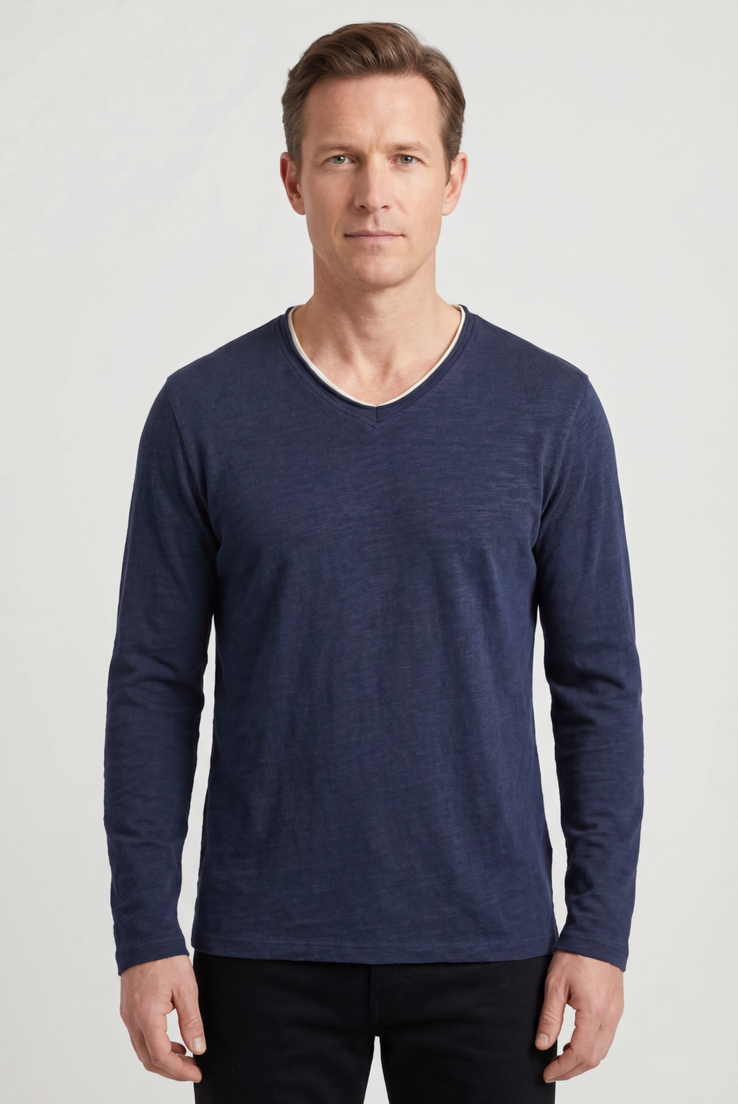 Men's Long Sleeve Shirt | V-Neck with Layered Trim - 1