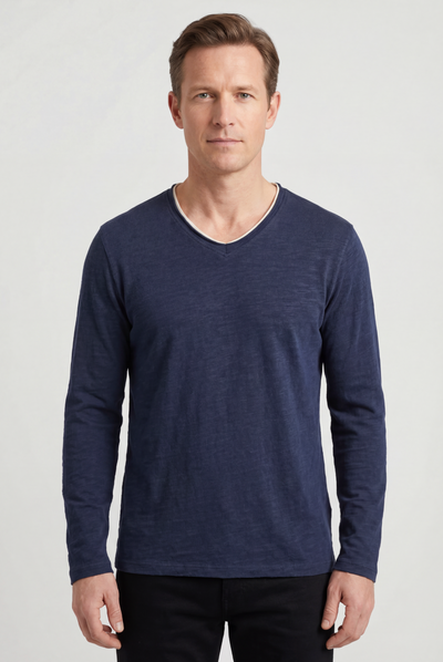 Men's Long Sleeve Shirt | V-Neck with Layered Trim - 1