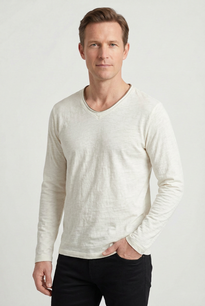 Men's Long Sleeve Shirt | V-Neck with Layered Trim - 6