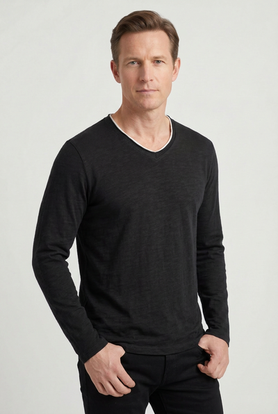 Men's Long Sleeve Shirt | V-Neck with Layered Trim - 7