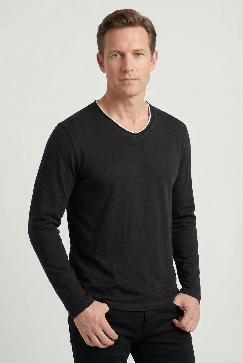 Men's Long Sleeve Shirt | V-Neck with Layered Trim - 7