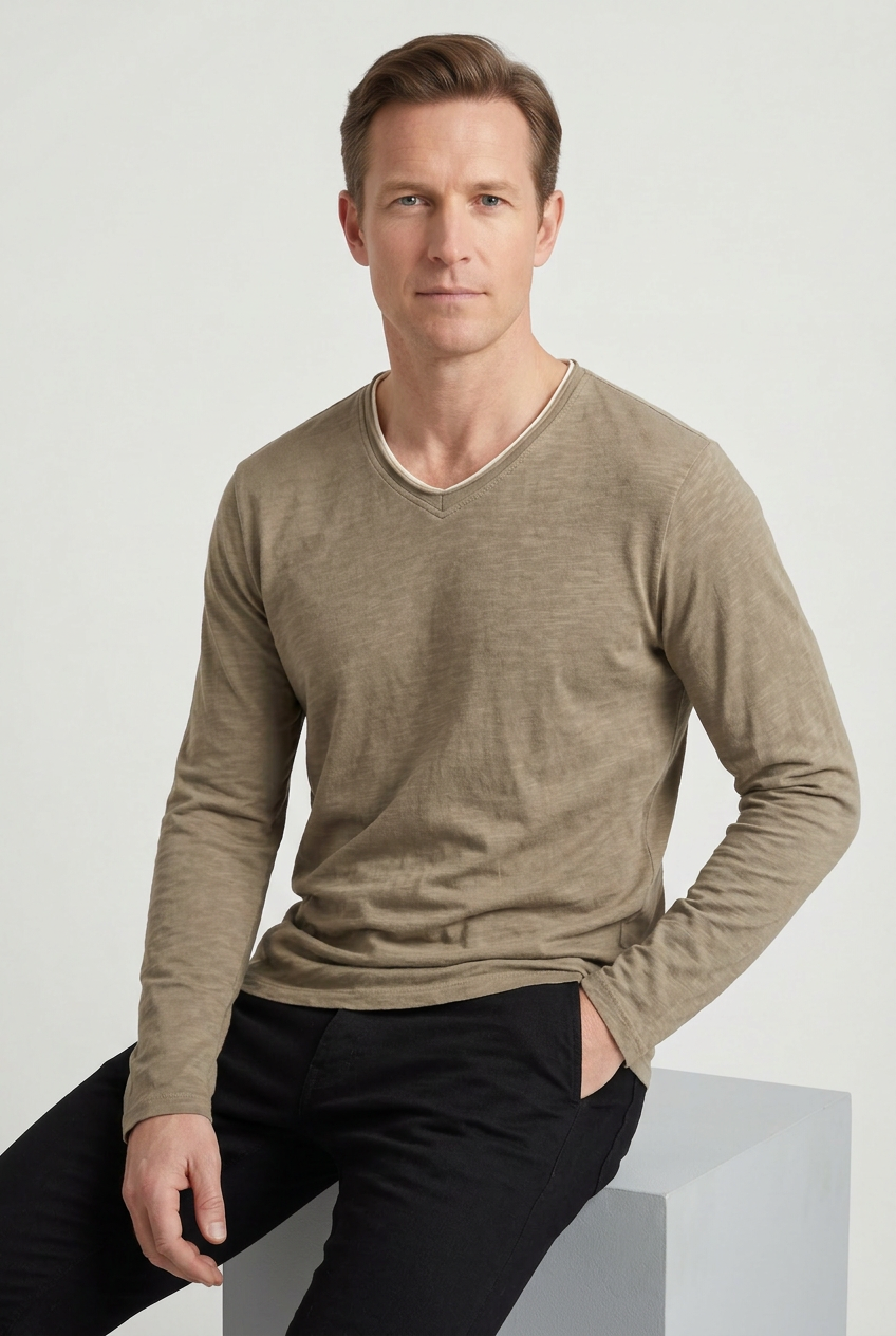 Men's Long Sleeve Shirt | V-Neck with Layered Trim - 8