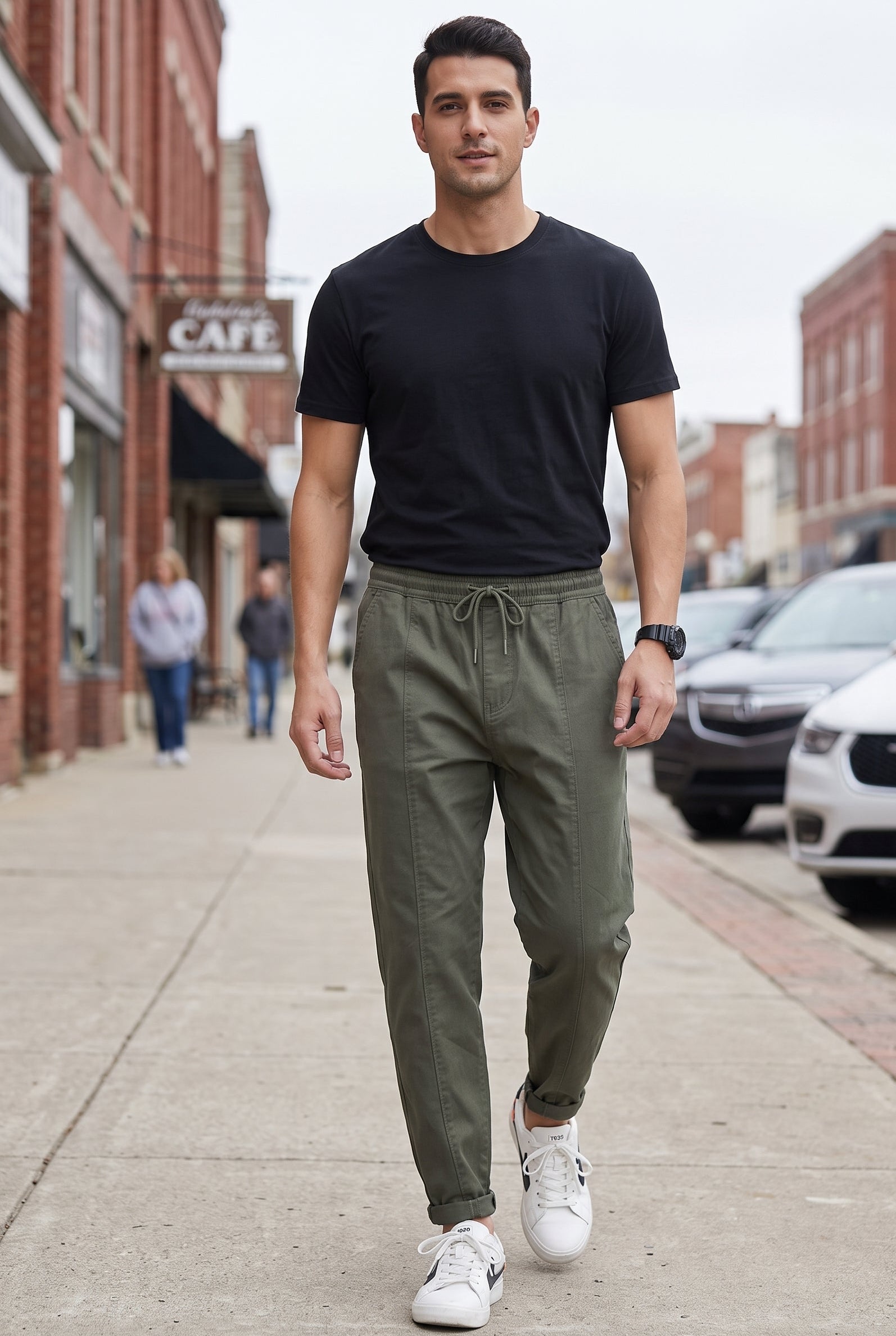 Men's Pants | Tapered Drawstring Elastic Waist - Army Green lifestyle