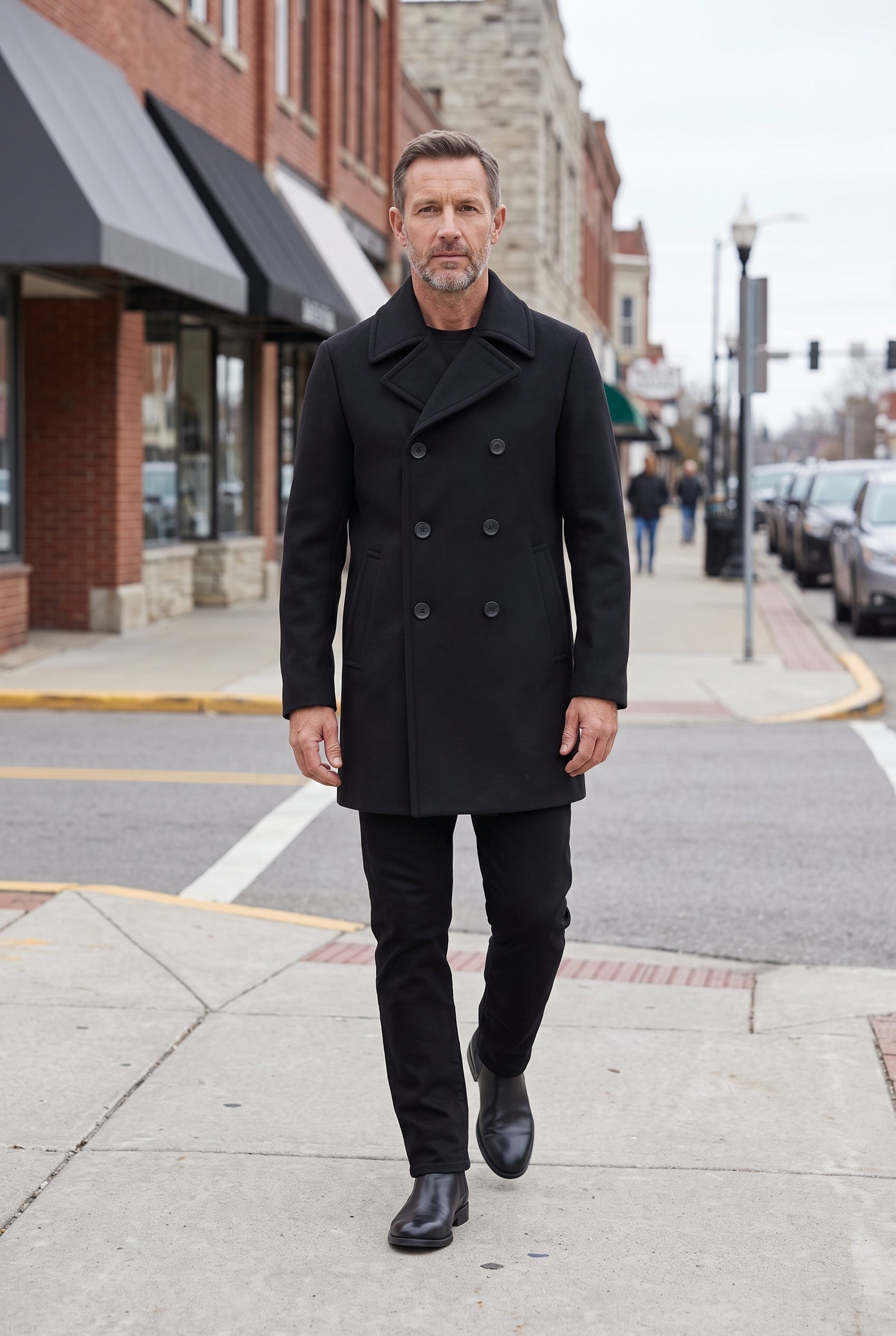 Men's Pea Coat | Double Breasted Wide Lapel - Black lifestyle