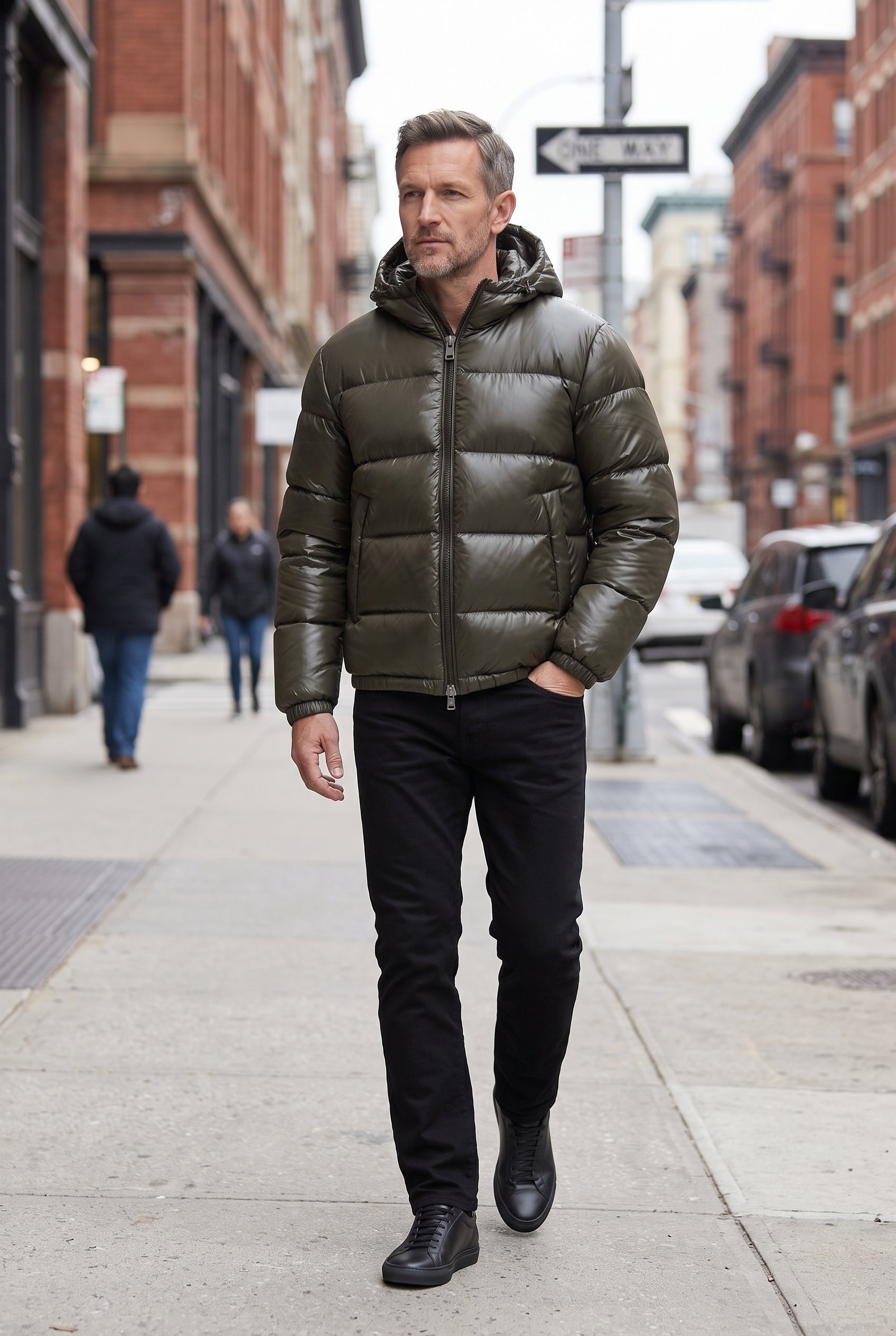 Men's Puffer Jacket | Drawcord Hood Elastic Cuffs - Army Green lifestyle