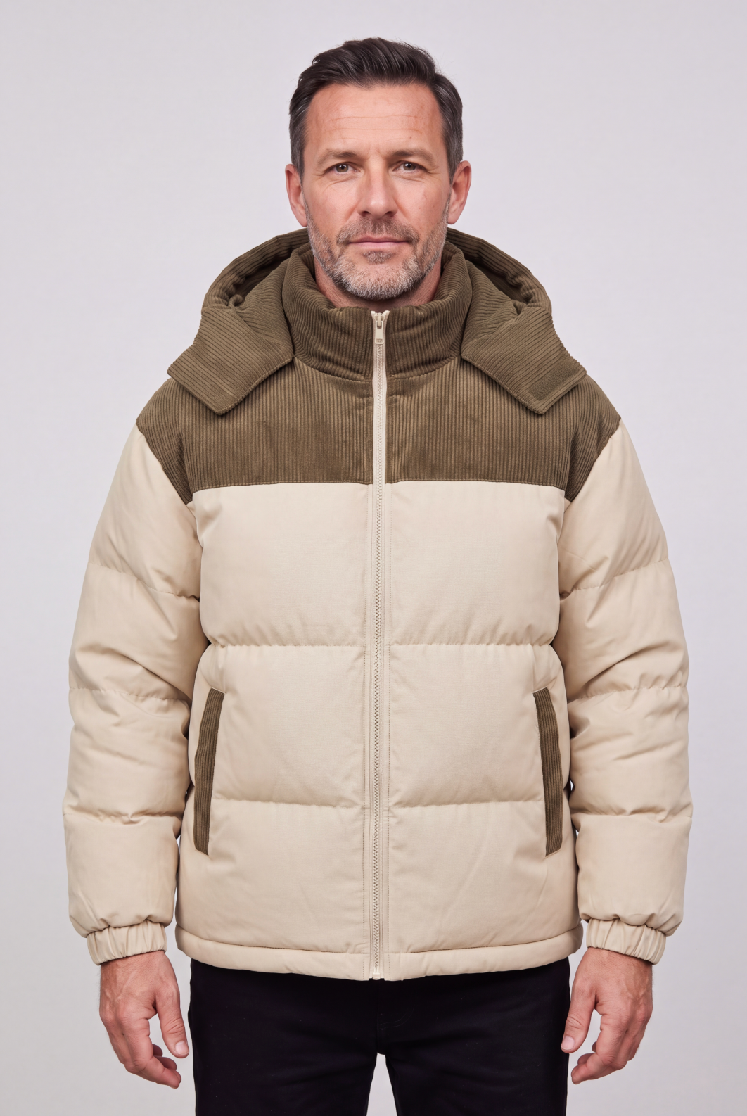 Men's Puffer Jacket | Hooded Two-Tone Ribbed Yoke - 1
