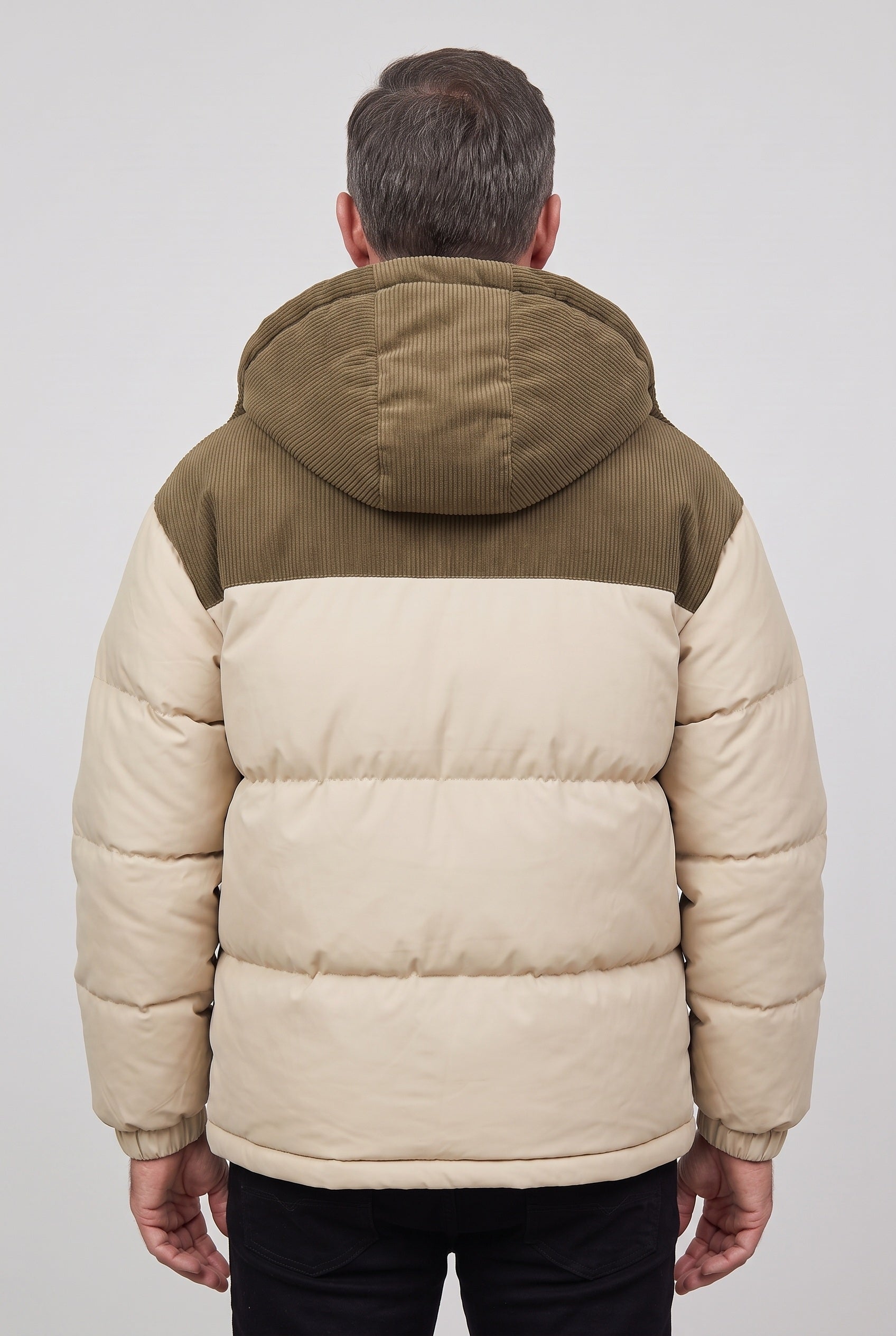Men's Puffer Jacket | Hooded Two-Tone Ribbed Yoke - 2