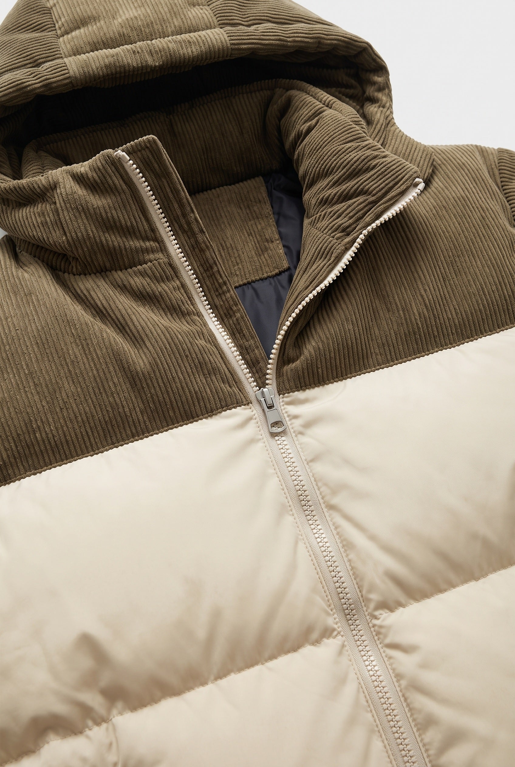 Men's Puffer Jacket | Hooded Two-Tone Ribbed Yoke - 3