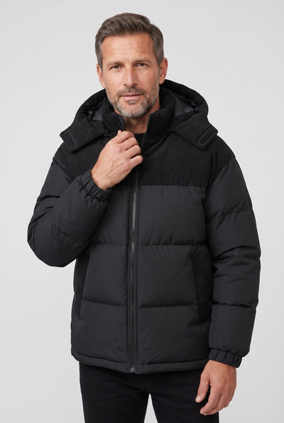 Men's Puffer Jacket | Hooded Two-Tone Ribbed Yoke - 5