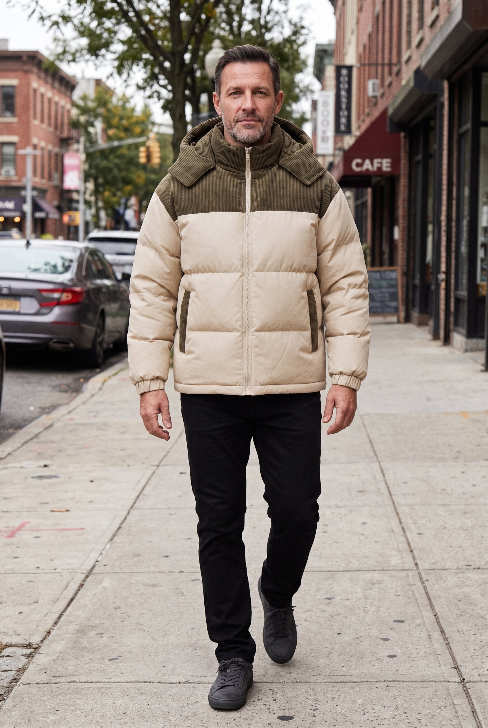 Men's Puffer Jacket | Hooded Two-Tone Ribbed Yoke - Khaki lifestyle