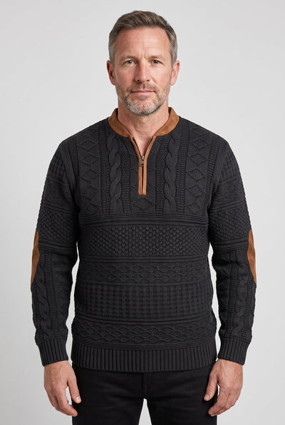 Men's Quarter Zip Sweater | Cable Knit Elbow Patches - 1