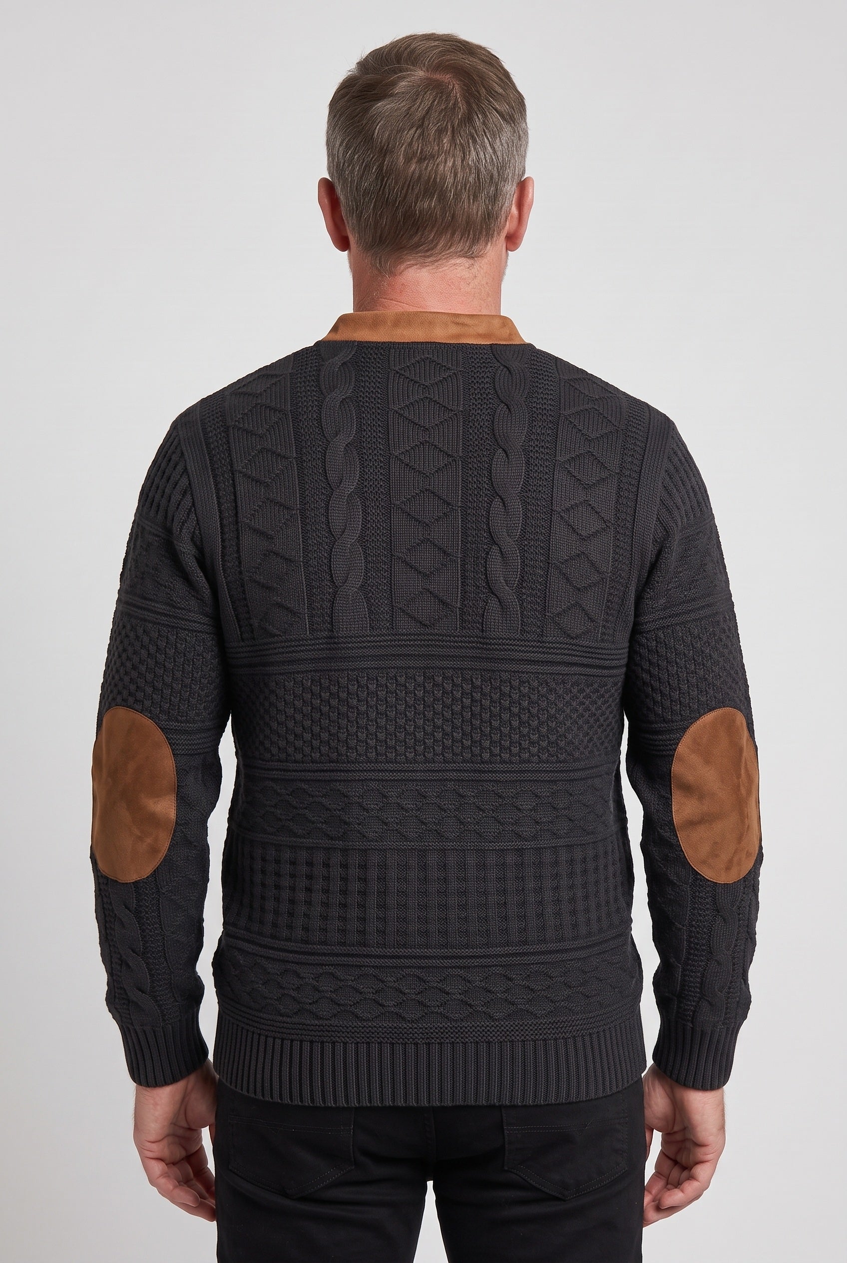 Men's Quarter Zip Sweater | Cable Knit Elbow Patches - 2