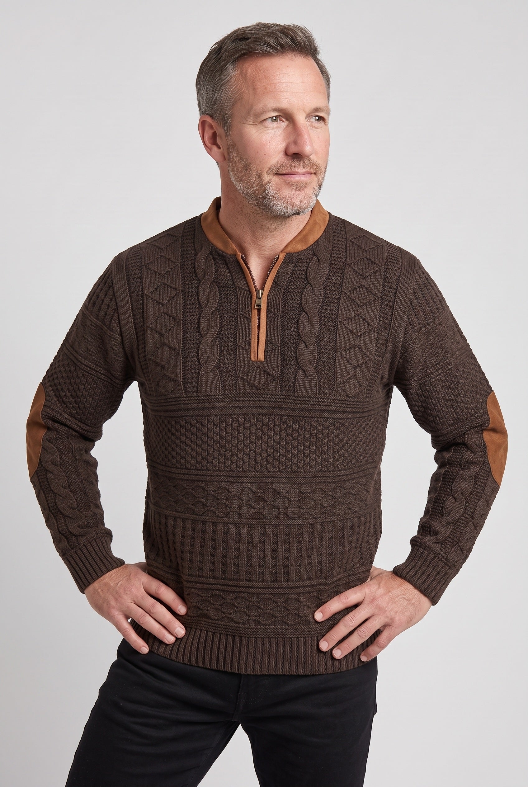 Men's Quarter Zip Sweater | Cable Knit Elbow Patches - 4