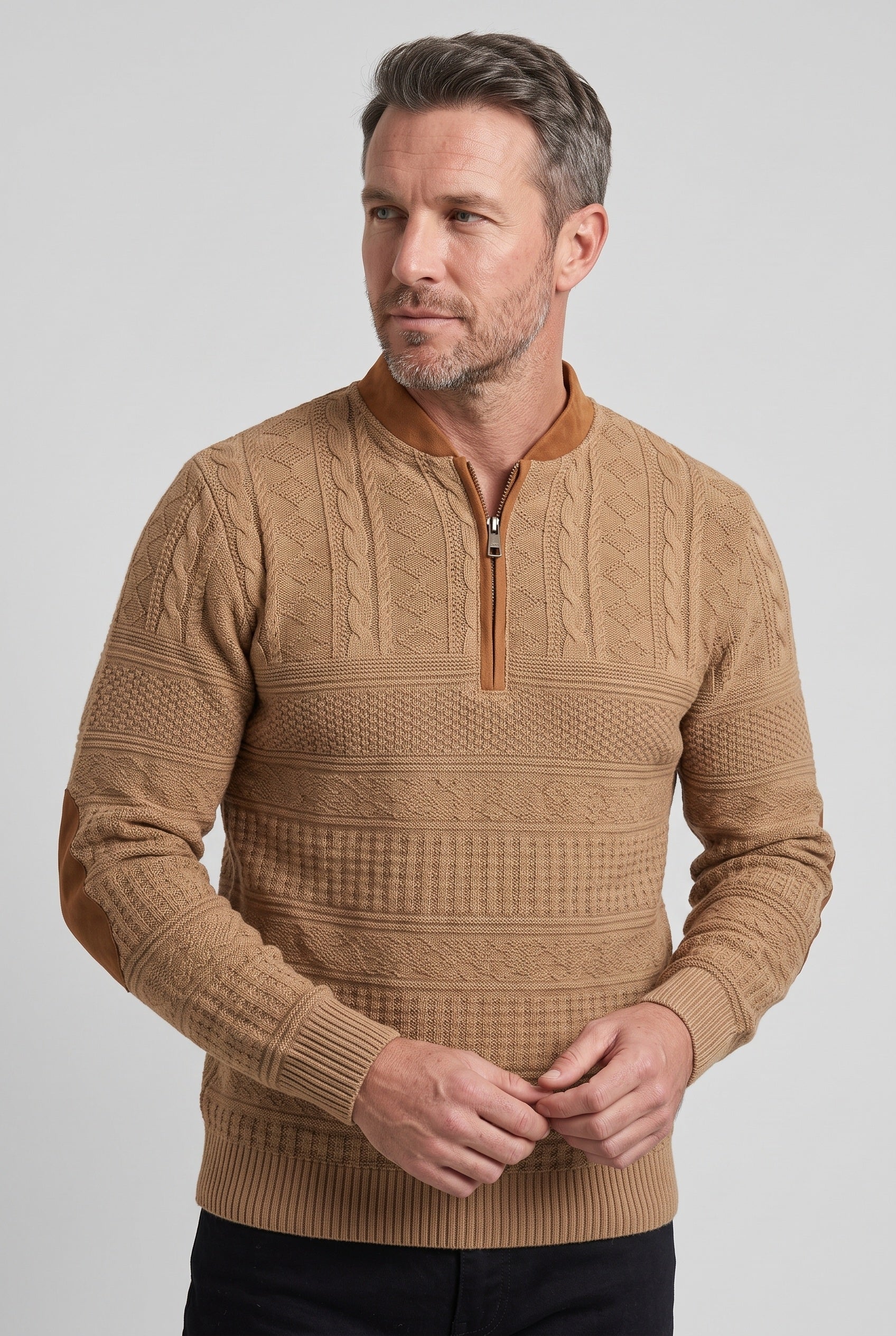 Men's Quarter Zip Sweater | Cable Knit Elbow Patches - 5