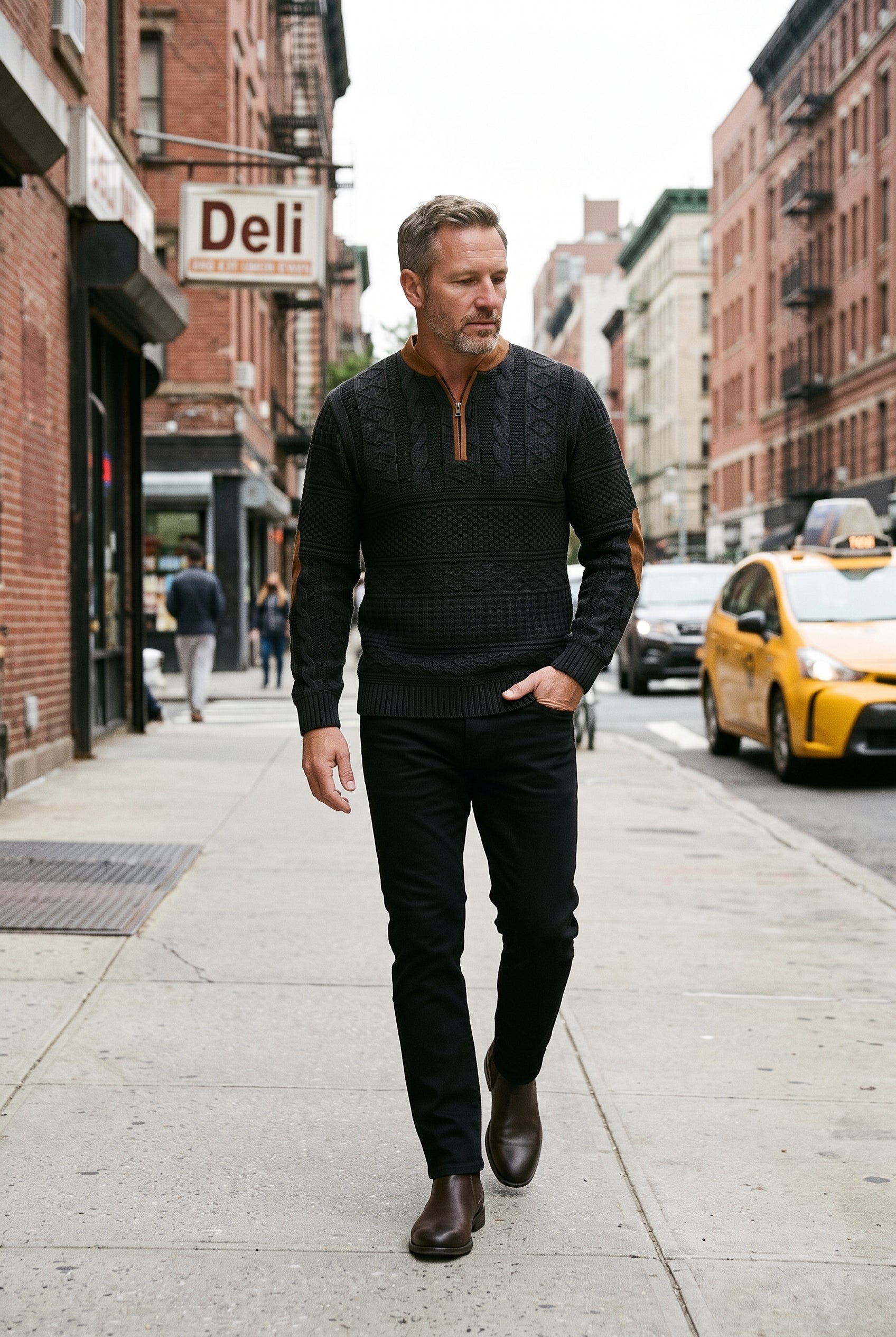 Men's Quarter Zip Sweater | Cable Knit Elbow Patches - Black lifestyle