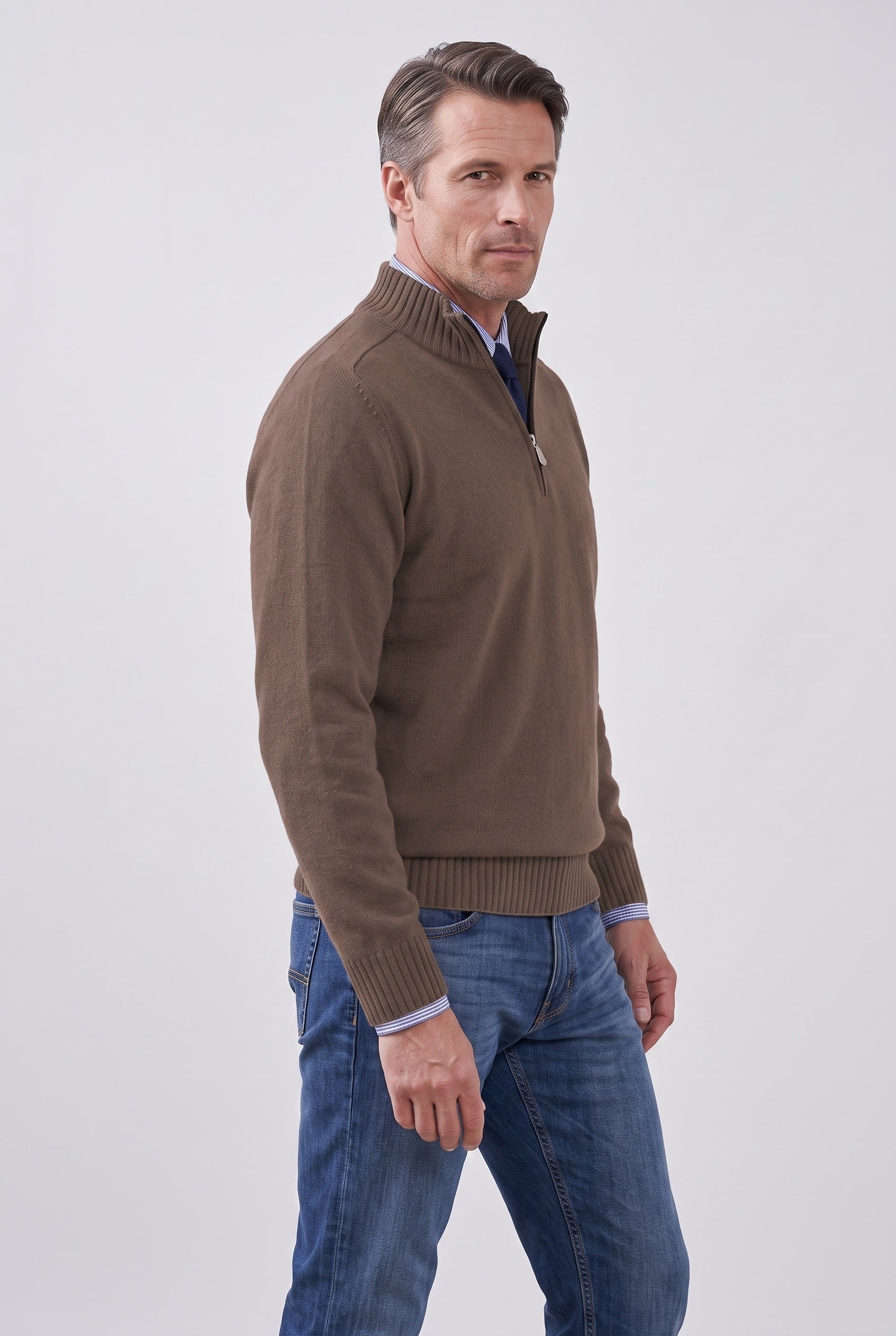 Men's Quarter Zip Sweater | Fine Knit Stand Collar - 14