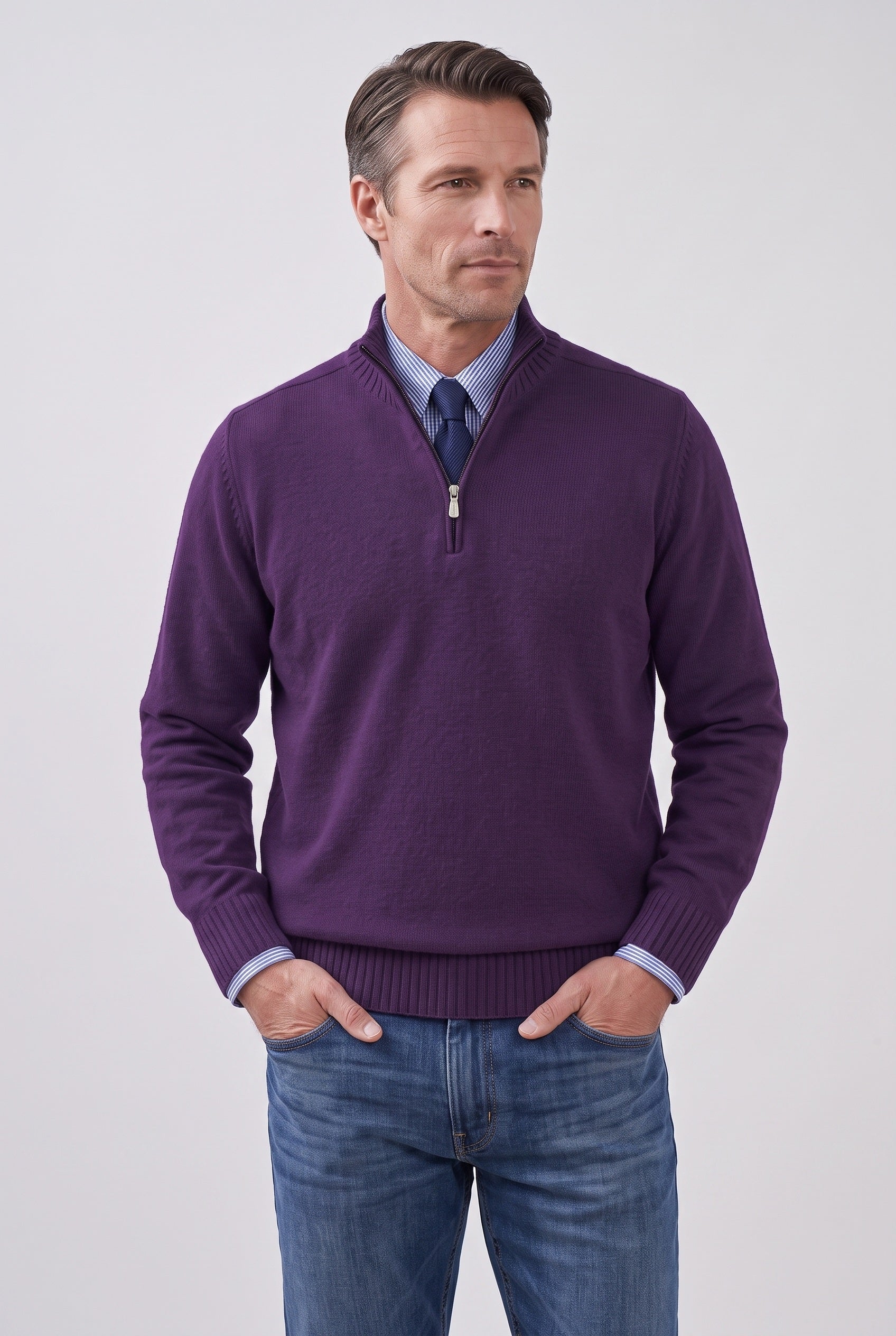 Men's Quarter Zip Sweater | Fine Knit Stand Collar - 16