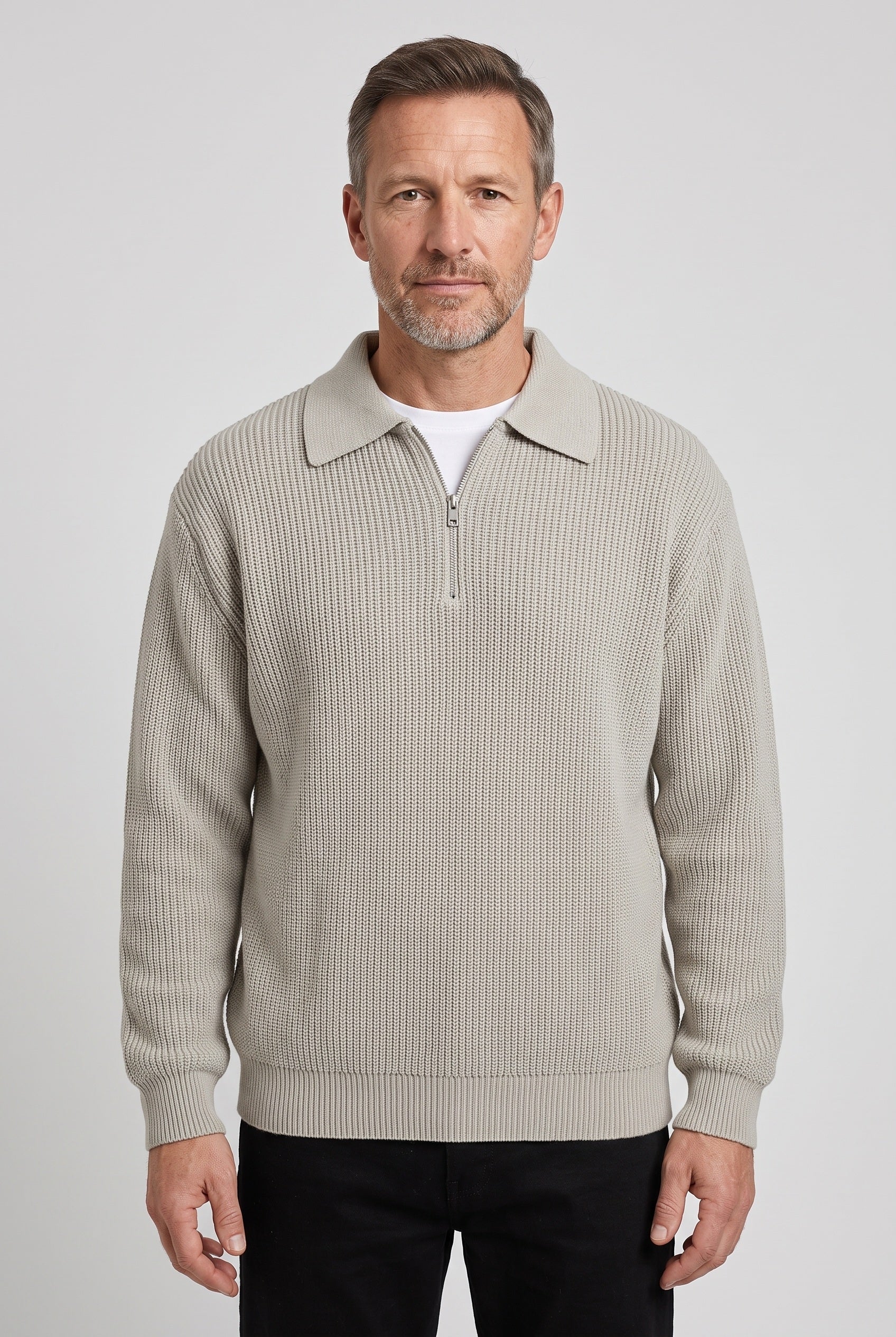 Men's Quarter Zip Sweater | Ribbed Knit Polo Collar - 1