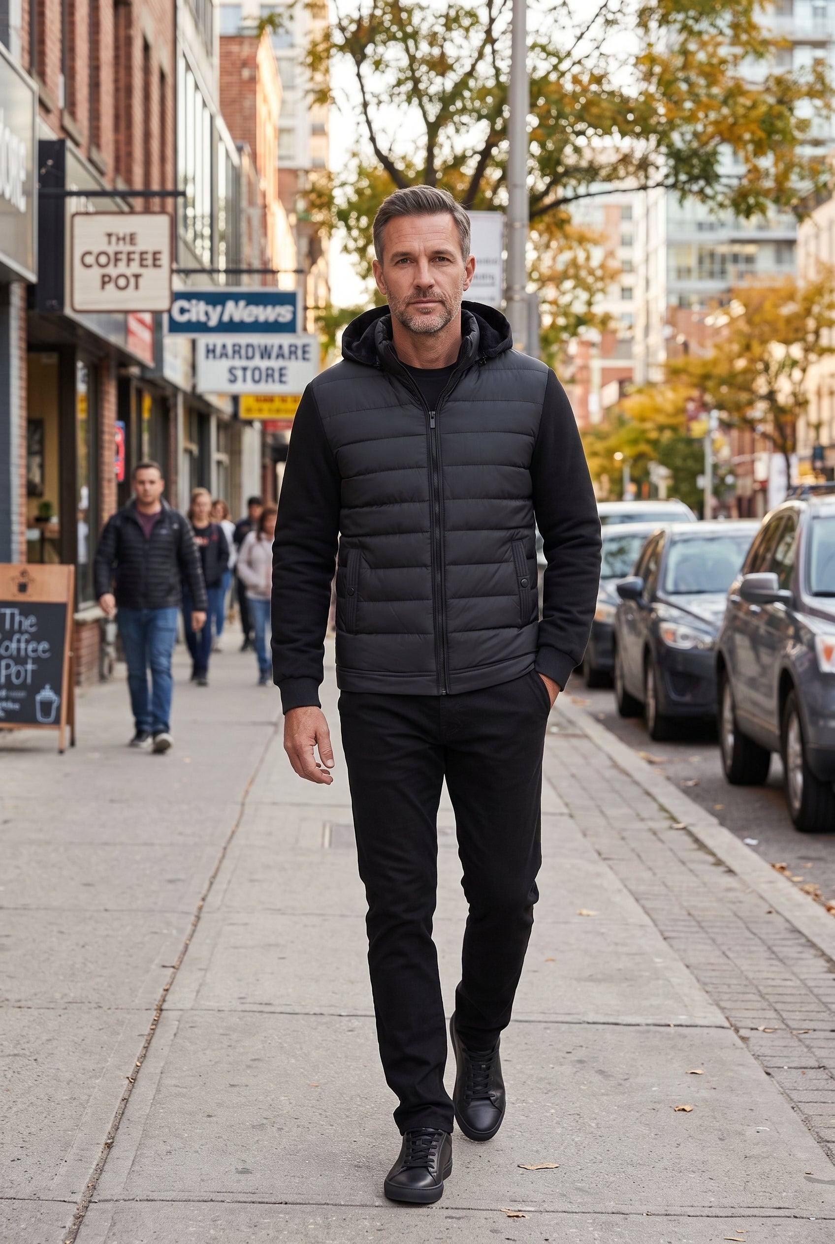 Men's Quilted Jacket | Knit Sleeves Detachable Hood - Black lifestyle