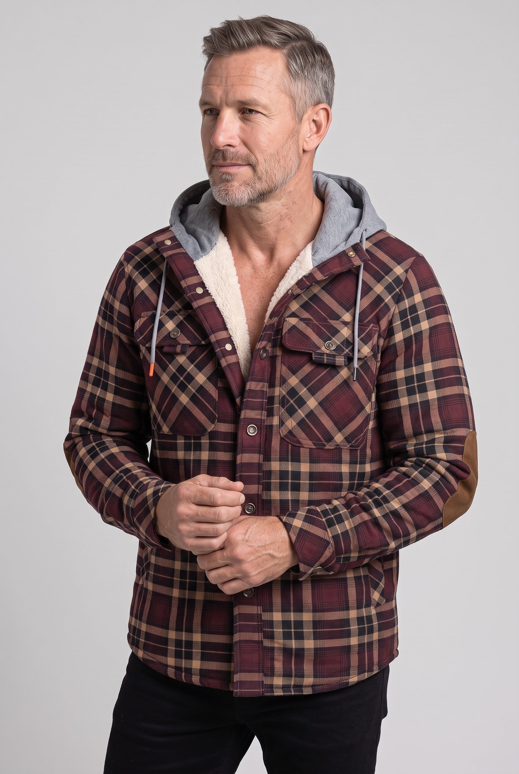 Men's Sherpa Jacket | Jersey Hood Elbow Patches - 5