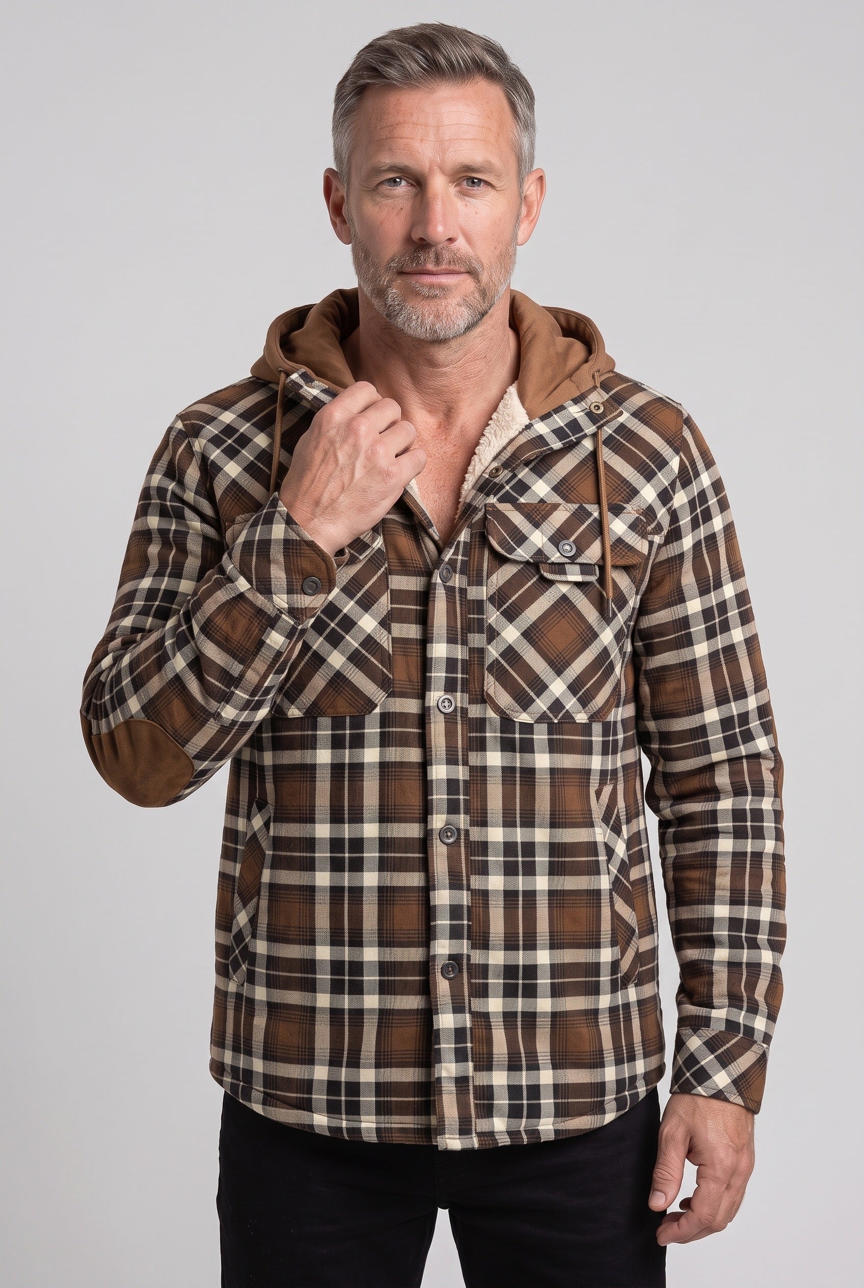Men's Sherpa Jacket | Jersey Hood Elbow Patches - 6