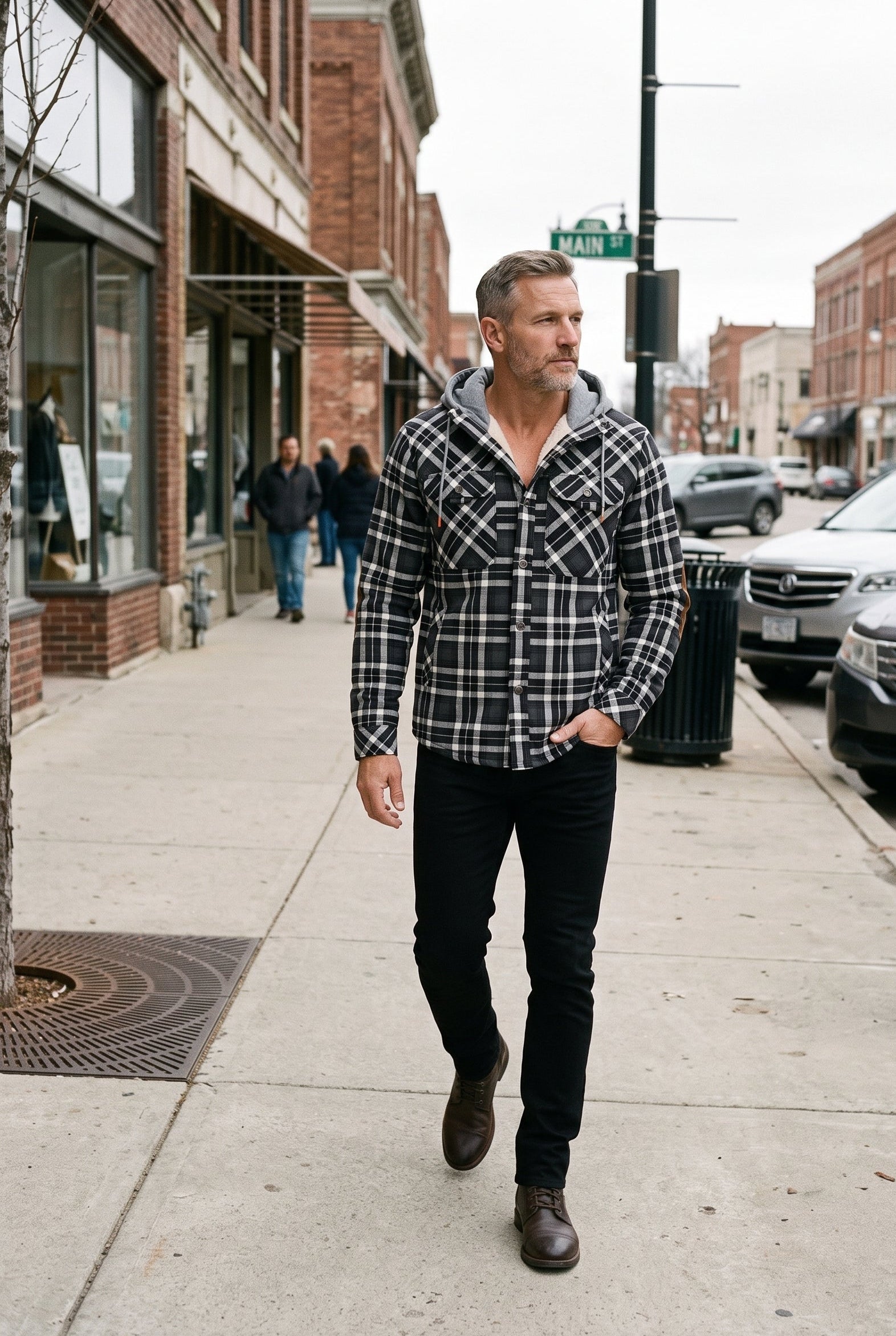 Men's Sherpa Jacket | Jersey Hood Elbow Patches - Dark Gray lifestyle