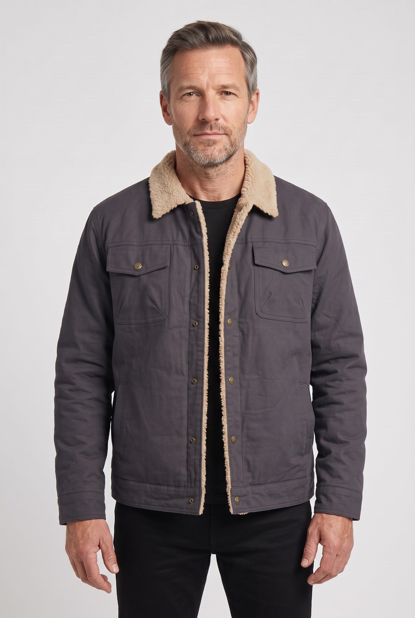 Men's Sherpa Jacket | Lined Collar with Snap Front - 1