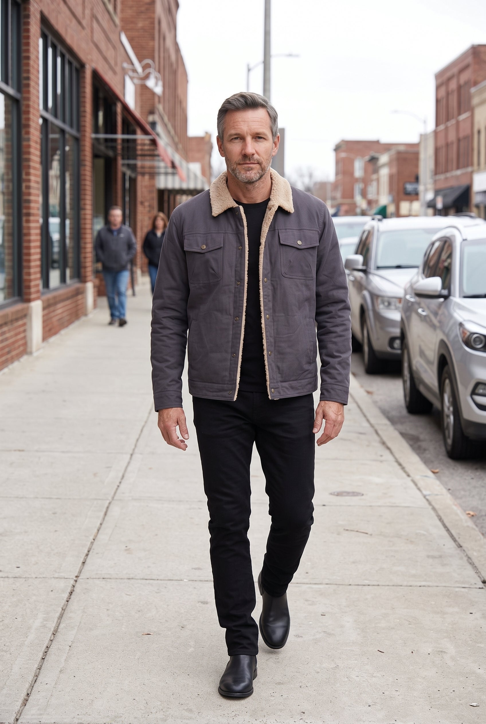 Men's Sherpa Jacket | Lined Collar with Snap Front - Gray lifestyle
