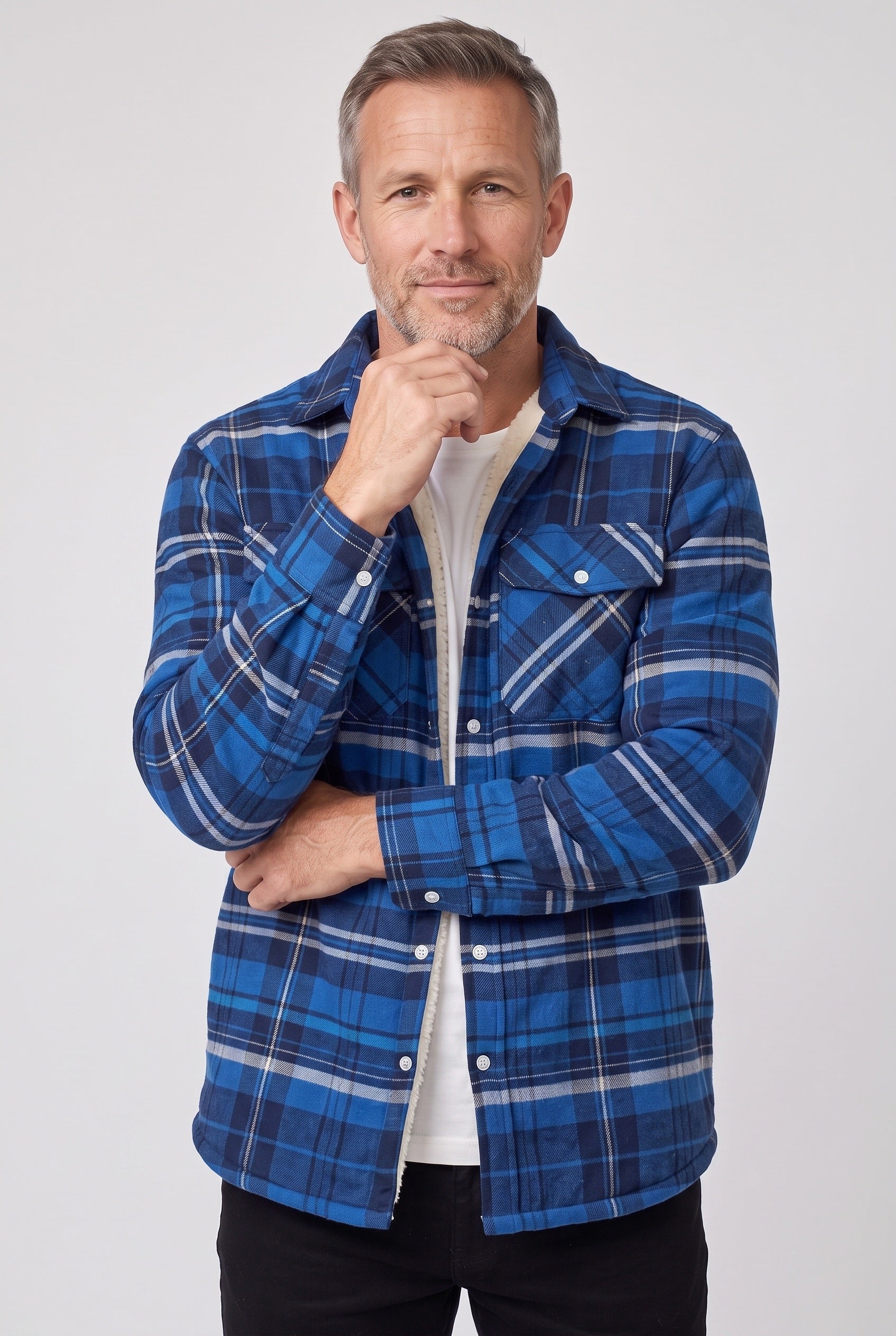 Men's Sherpa Jacket | Plaid with Buttoned Chest Pockets - 12