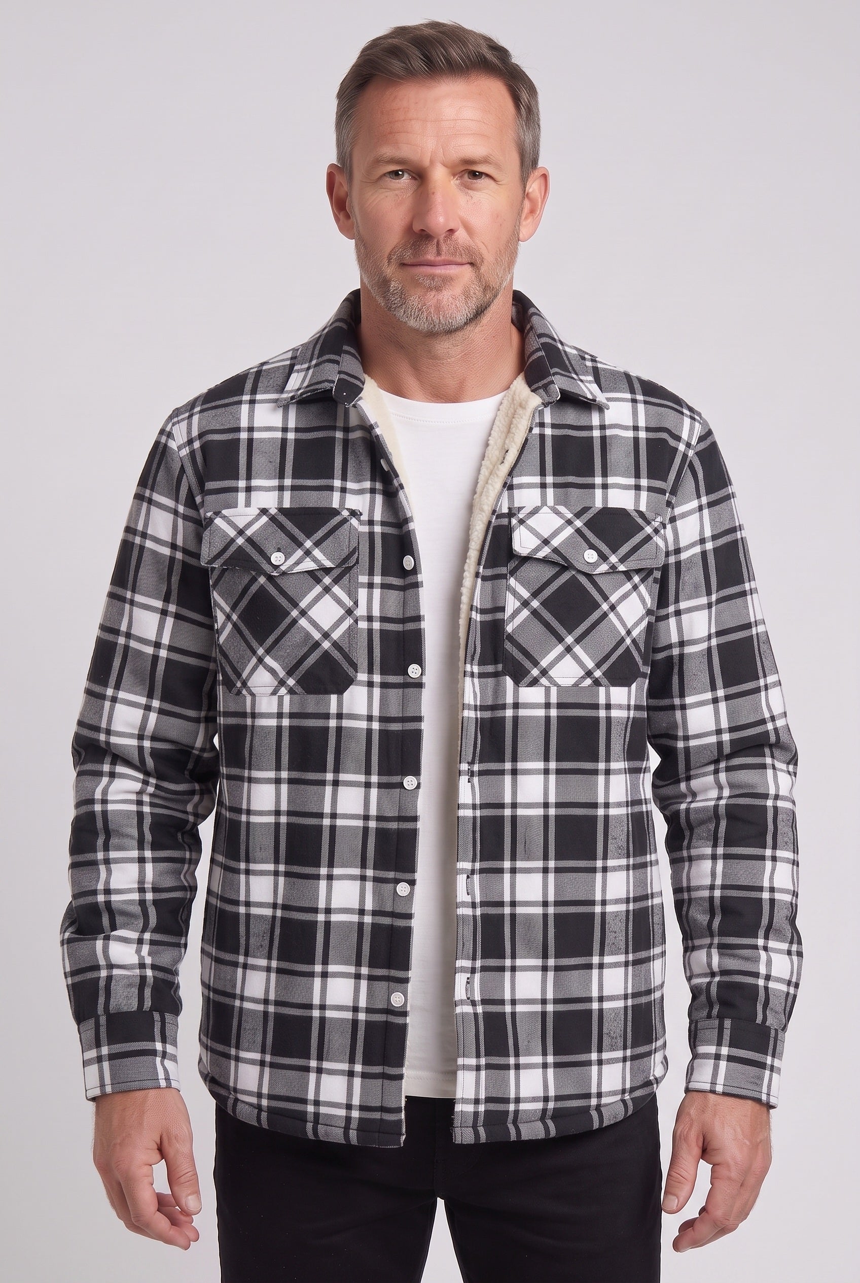 Men's Sherpa Jacket | Plaid with Buttoned Chest Pockets - 7